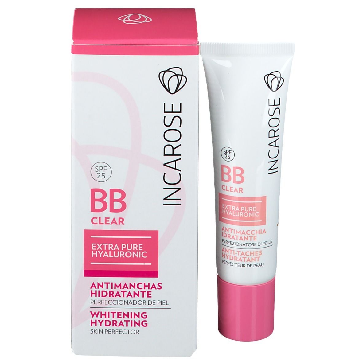 Confezione del prodotto con tubo e scatola. Scatola rosa-bianca. Scritta: BB CLEAR, SPF 25, EXTRA PURE HYALURONIC.