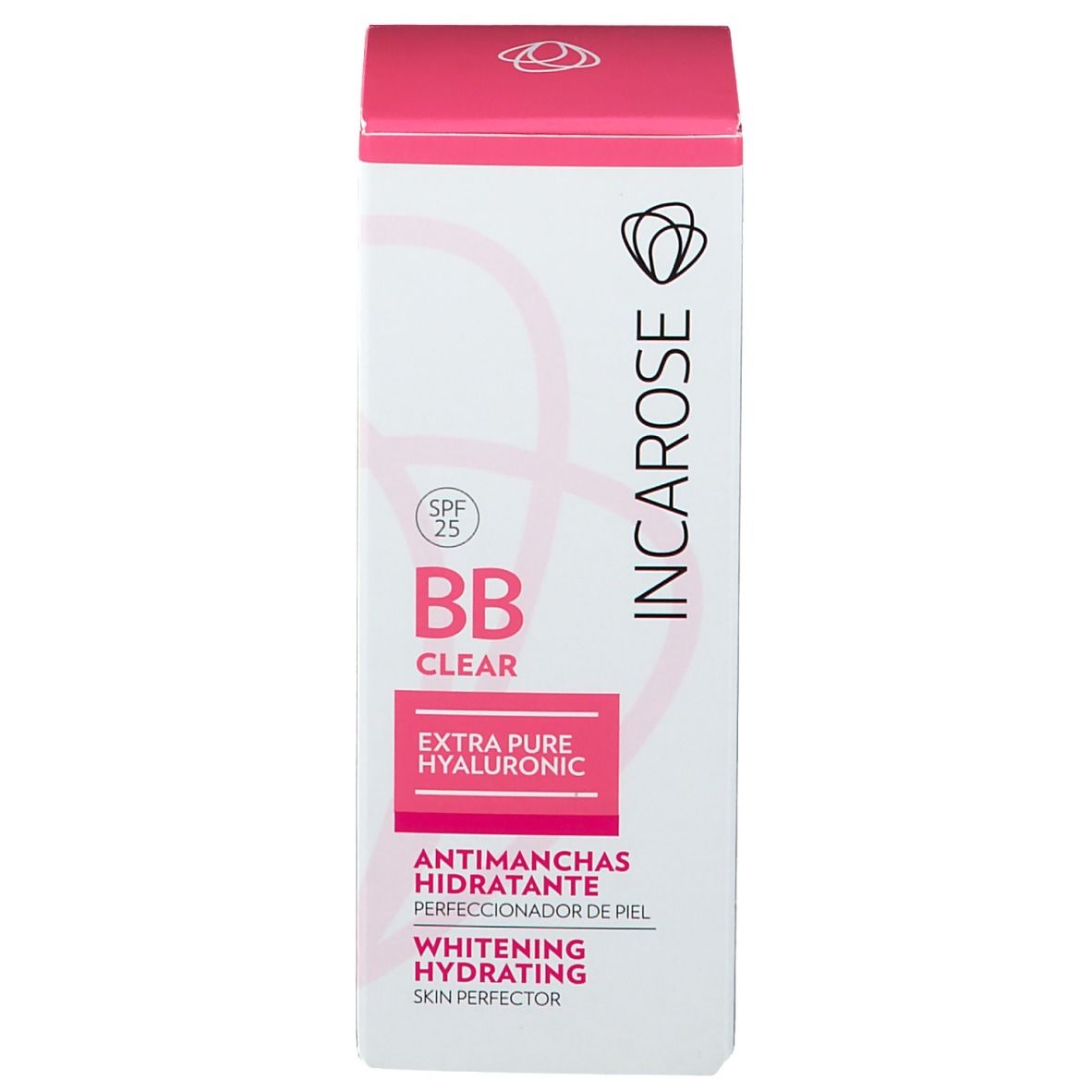 Scatola bianca con coperchio rosa. Scritta: BB CLEAR, SPF 25, EXTRA PURE HYALURONIC. Marchio INCAROSE.