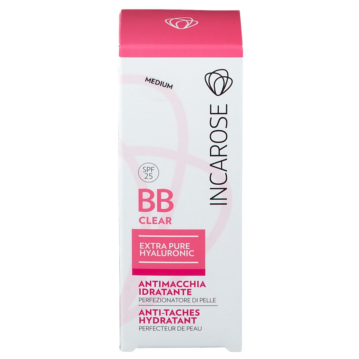 Scatola bianca con coperchio rosa. Scritta: BB CLEAR, SPF 25, EXTRA PURE HYALURONIC. MEDIUM.