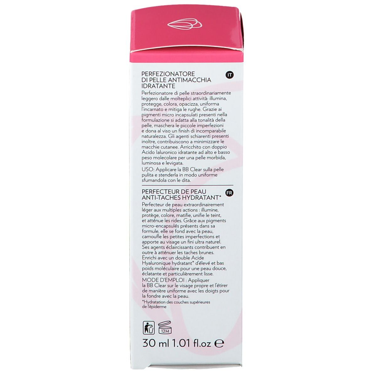 Retro della scatola. Testo multilingue. Contiene informazioni sul prodotto e sugli ingredienti. 30 ml.