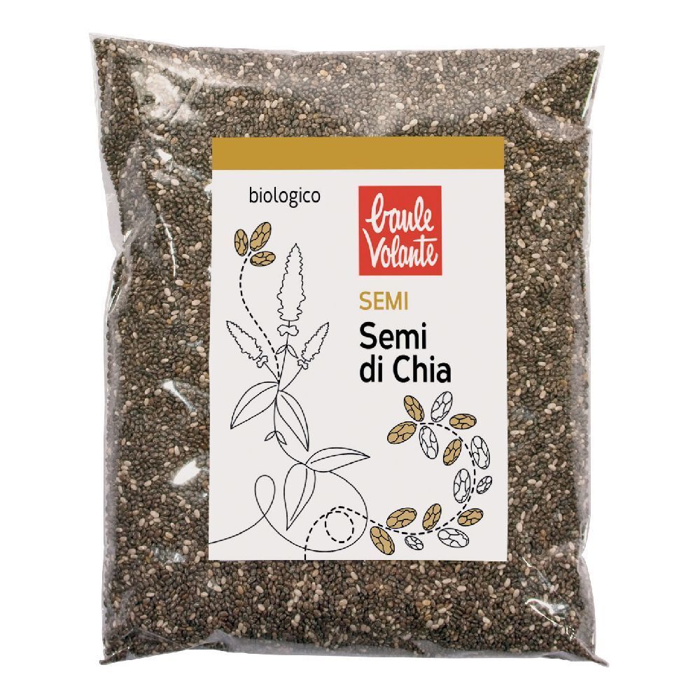 Confezione trasparente con semi. Etichetta con logo, 'Semi di Chia' e 'biologico'.