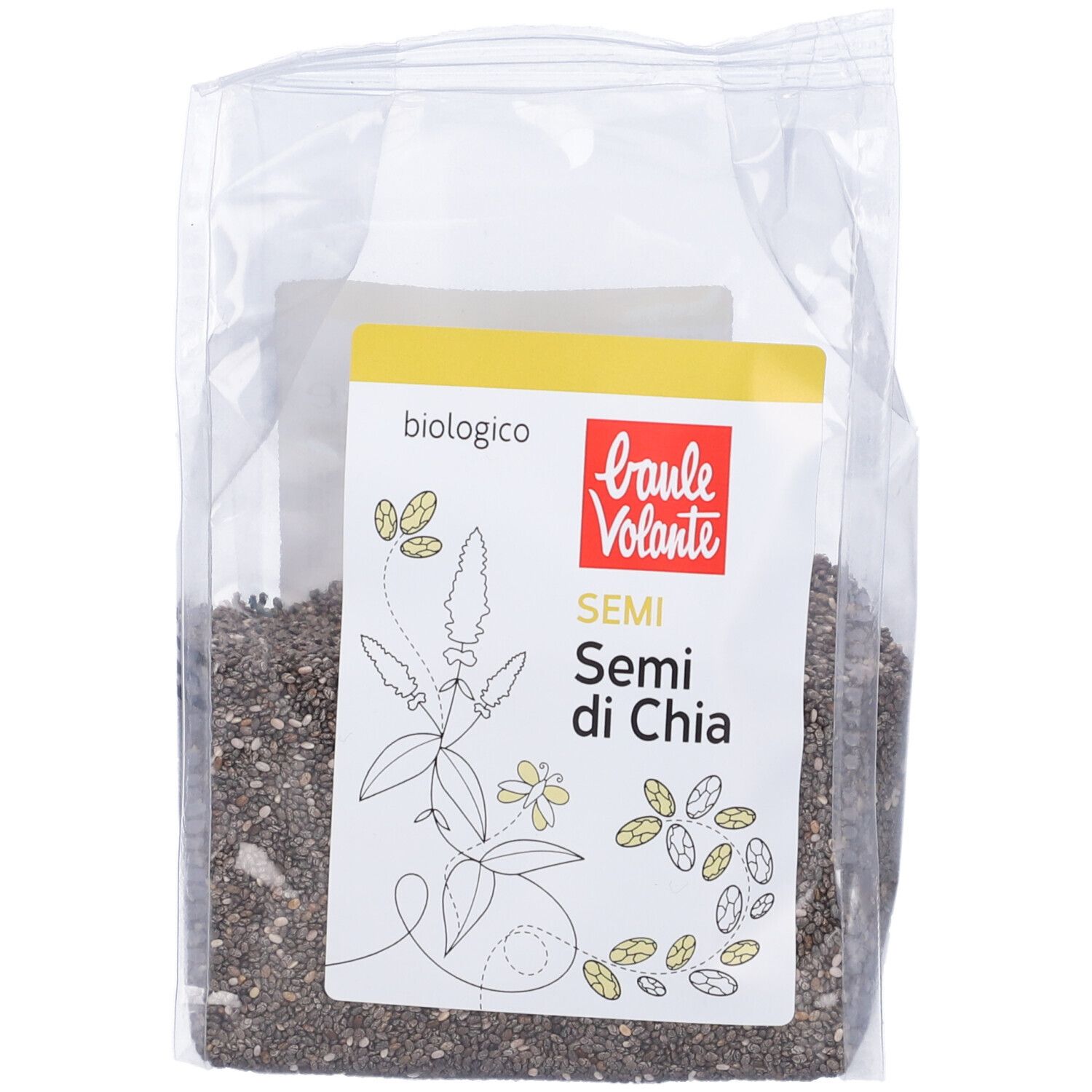 Confezione trasparente con semi. Etichetta con logo, 'Semi di Chia' e 'biologico'.