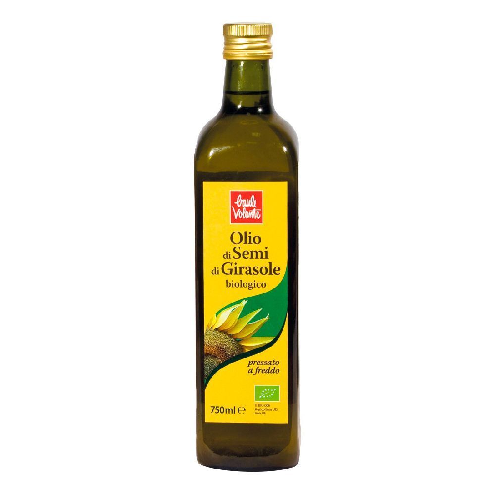 Bottiglia di vetro verde con etichetta gialla. Scritta: Olio di Semi di Girasole biologico. Illustrazione di girasole. Tappo dorato.