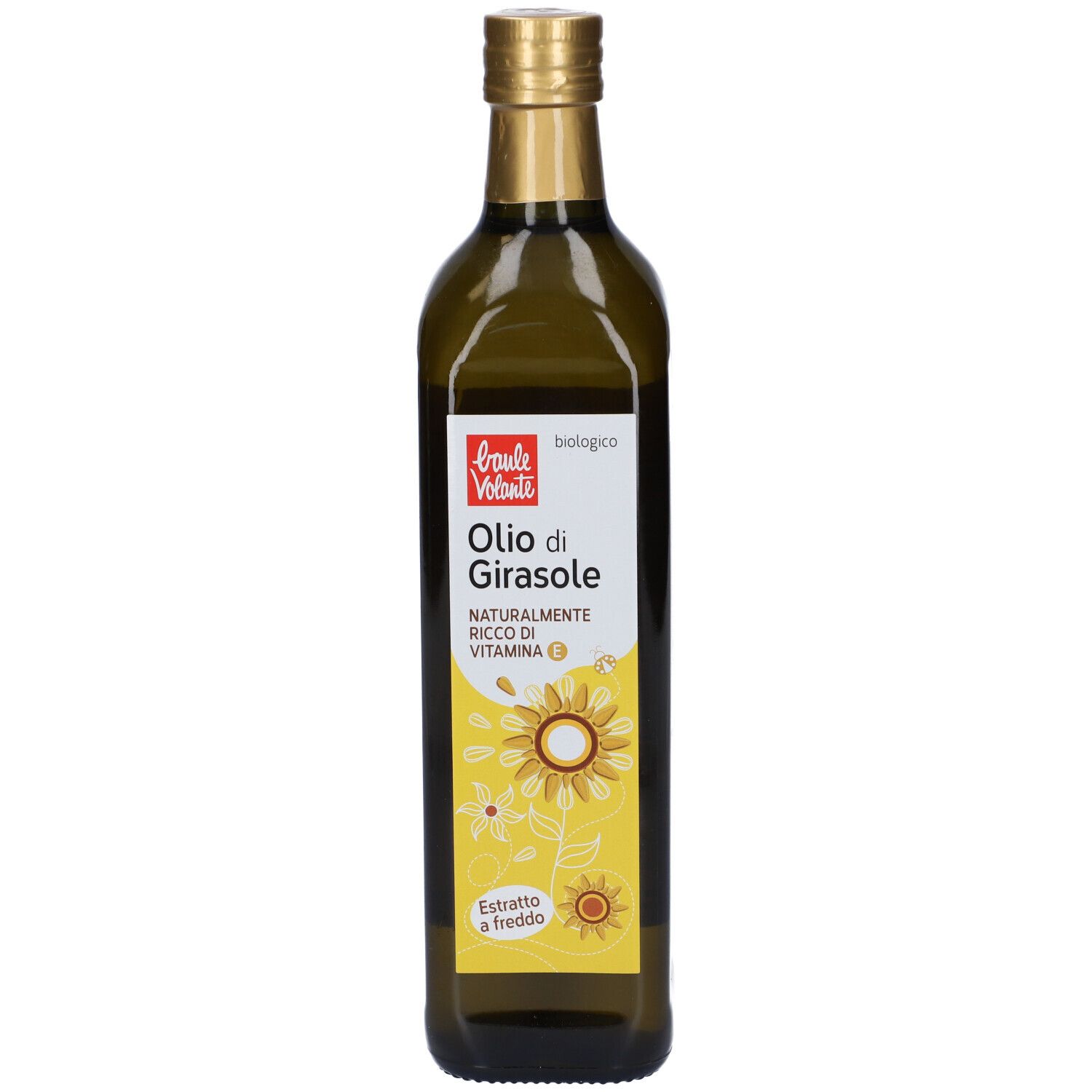 Bottiglia di vetro verde con etichetta gialla. Scritta: Olio di Girasole, naturalmente ricco di vitamina E. Illustrazione di girasole. Tappo dorato.