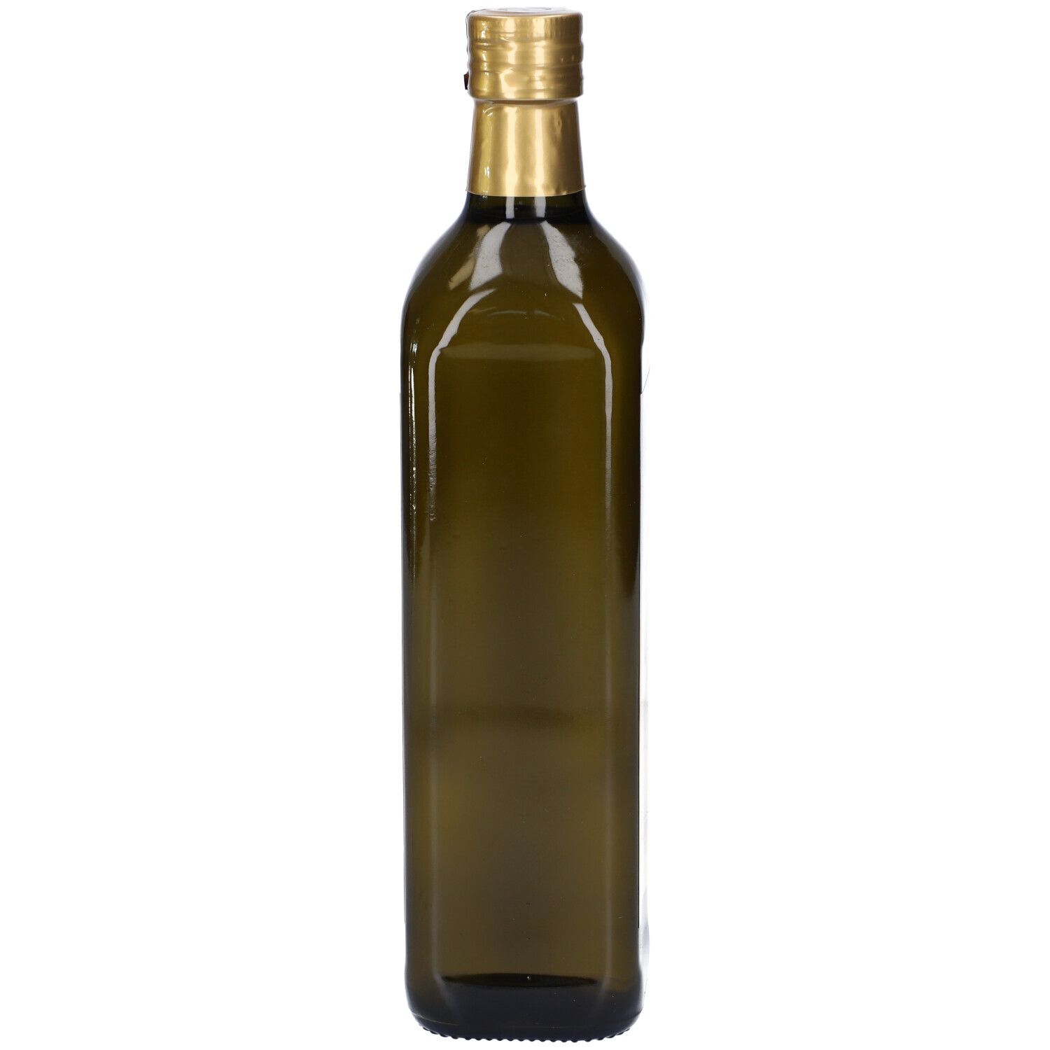 Bottiglia alta di vetro verde con tappo dorato. Forma quadrata. Nessuna etichetta visibile.