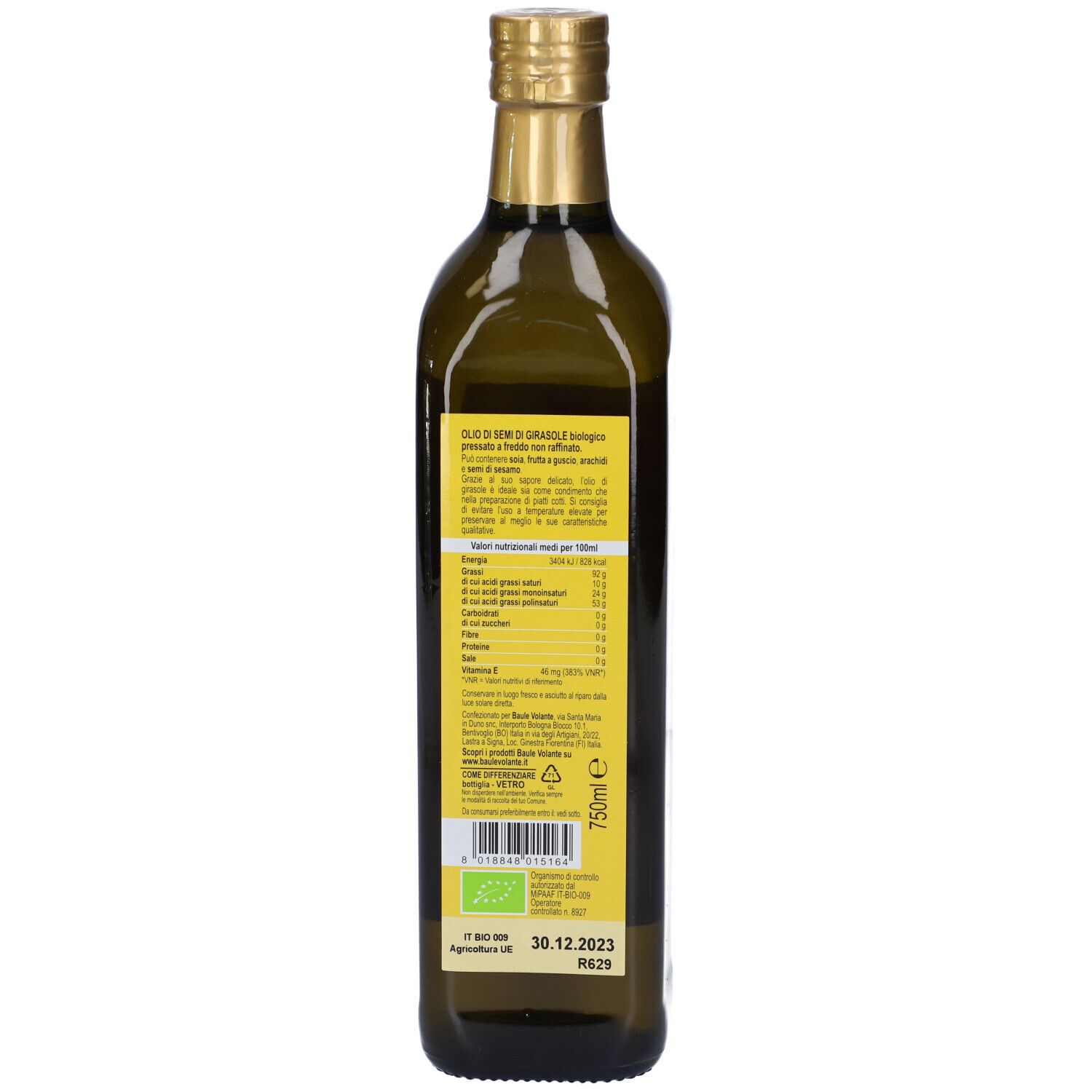 Retro di una bottiglia di vetro verde con etichetta gialla. Testo: informazioni nutrizionali, ingredienti, certificazione bio, data di scadenza.