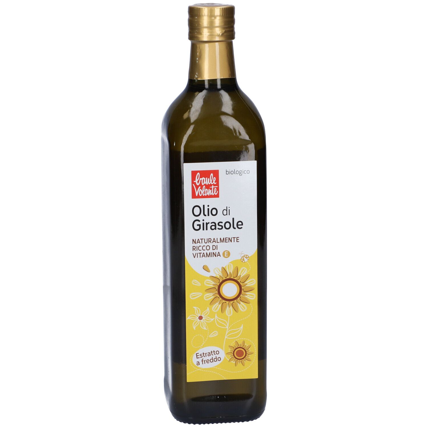 Bottiglia di vetro verde con etichetta gialla. Scritta: Olio di Girasole, naturalmente ricco di vitamina E. Illustrazione di girasole. Tappo dorato.