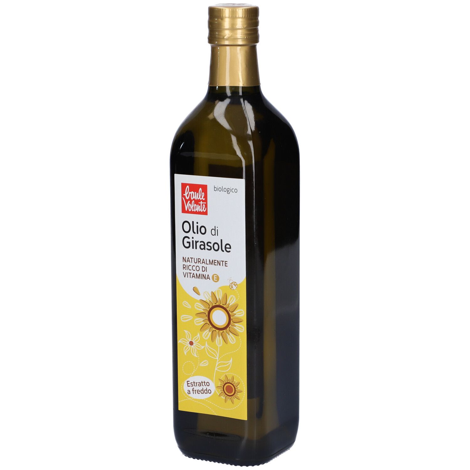Bottiglia di vetro verde con etichetta gialla. Scritta: Olio di Girasole, naturalmente ricco di vitamina E. Illustrazione di girasole. Tappo dorato.