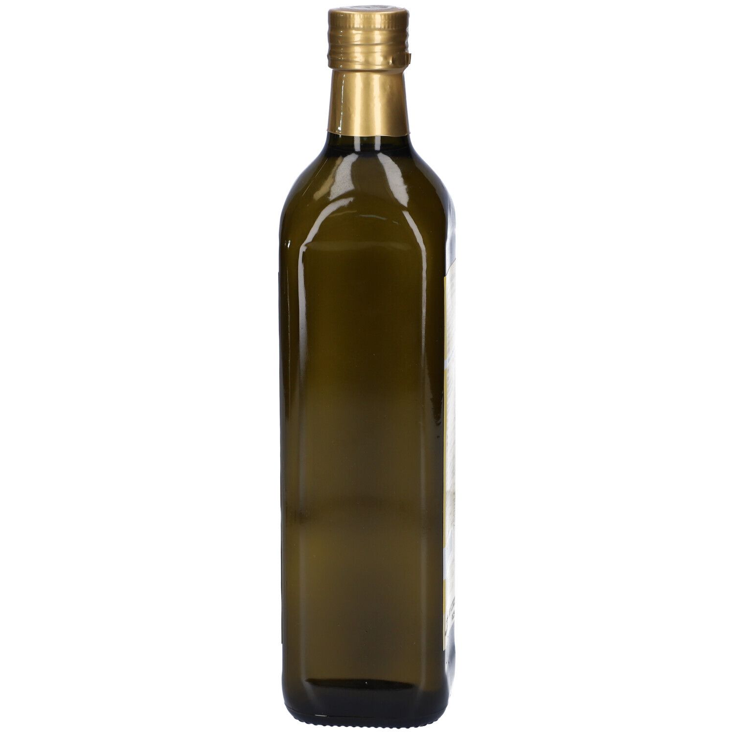 Bottiglia alta di vetro verde con tappo dorato. Forma quadrata. Nessuna etichetta visibile.