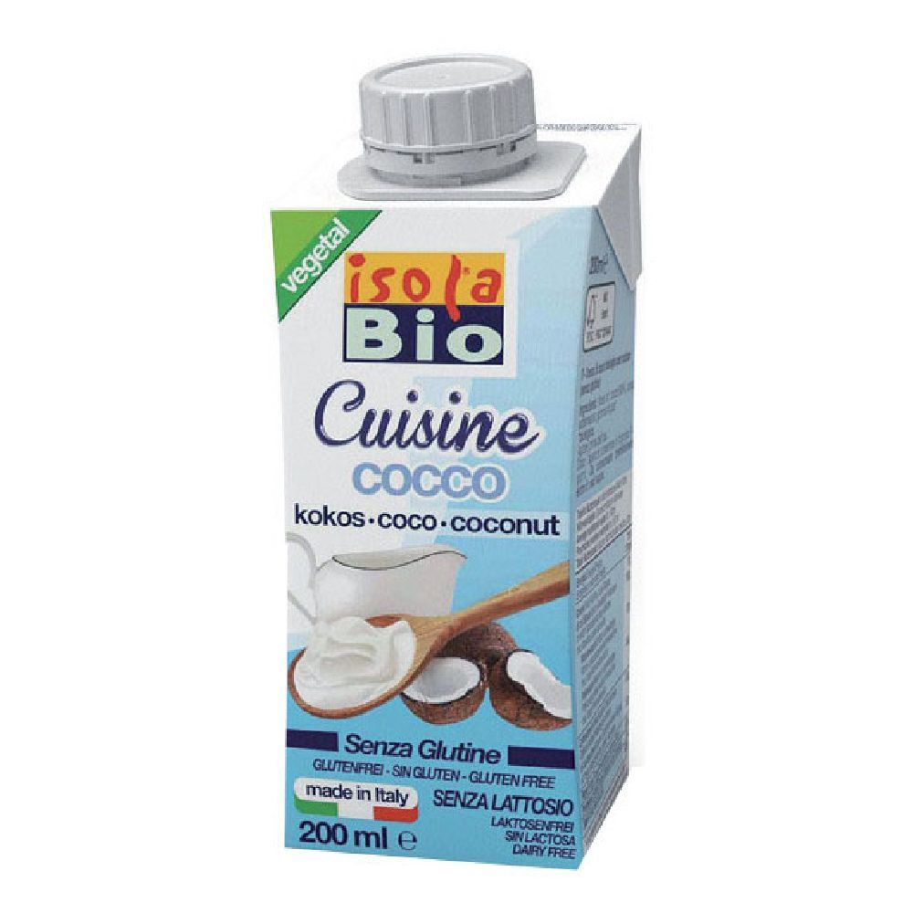 Confezione di crema di cocco. Marchio: Isola Bio. Scritta: Cuisine, Cocco, senza glutine, senza lattosio. 200 ml.