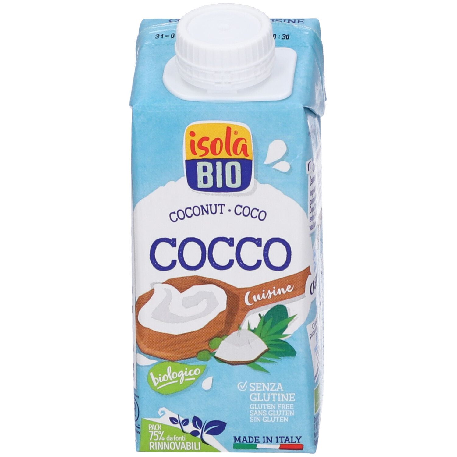 Confezione di crema di cocco. Marchio: Isola Bio. Scritta: Cocco, biologico, senza glutine. 200 ml.