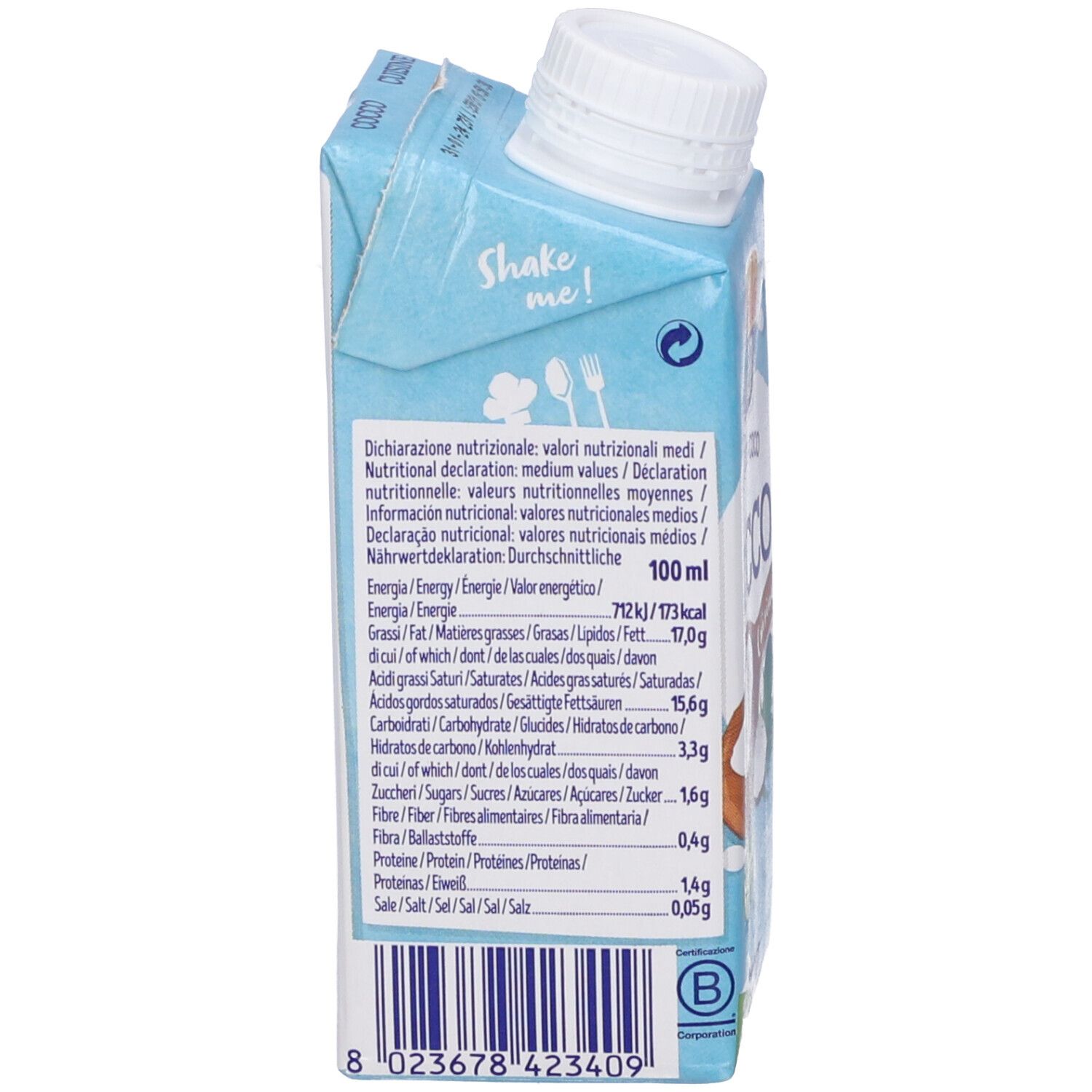 Retro della confezione con valori nutrizionali. Scritta: Cocco, 100 ml, dichiarazione nutrizionale.