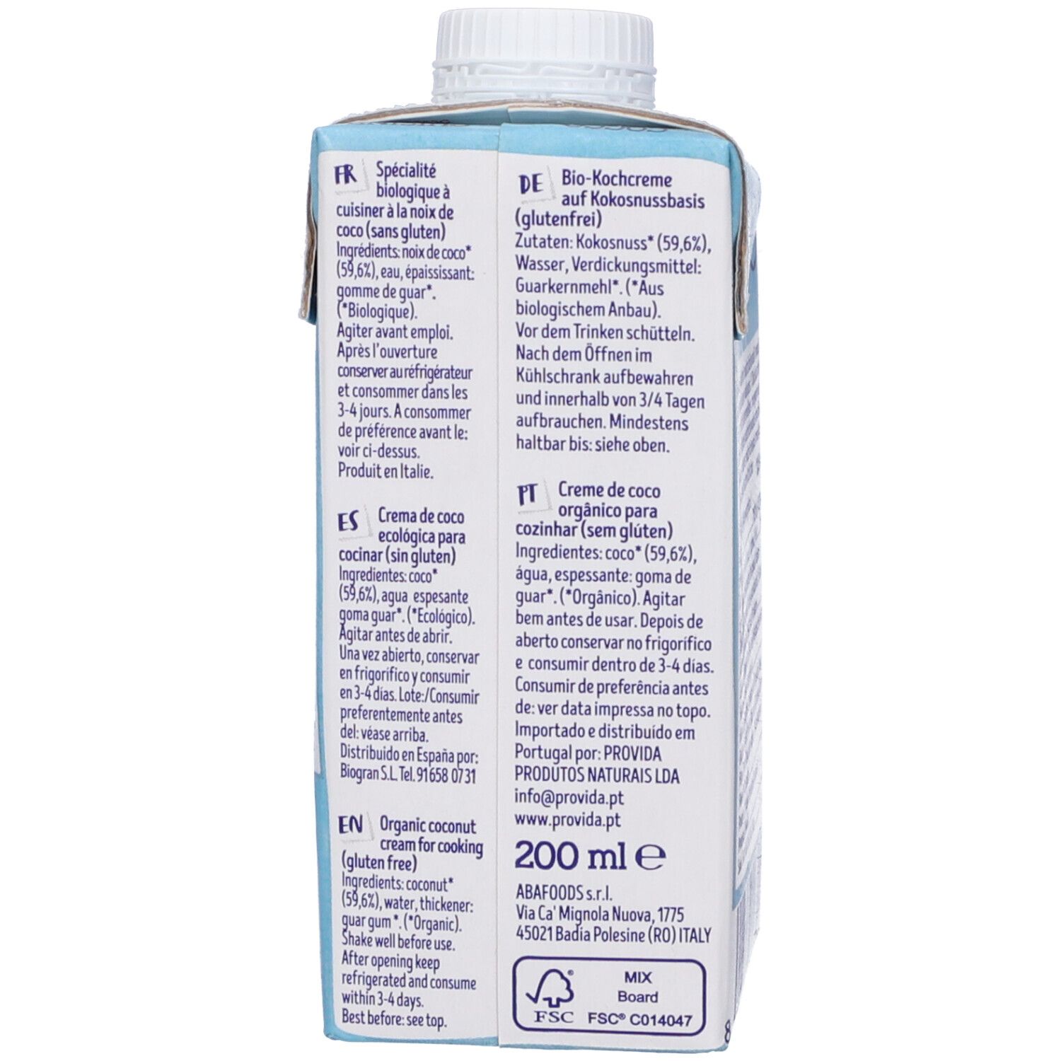 Retro della confezione con ingredienti e istruzioni. Scritta: Cocco, 200 ml, senza glutine.