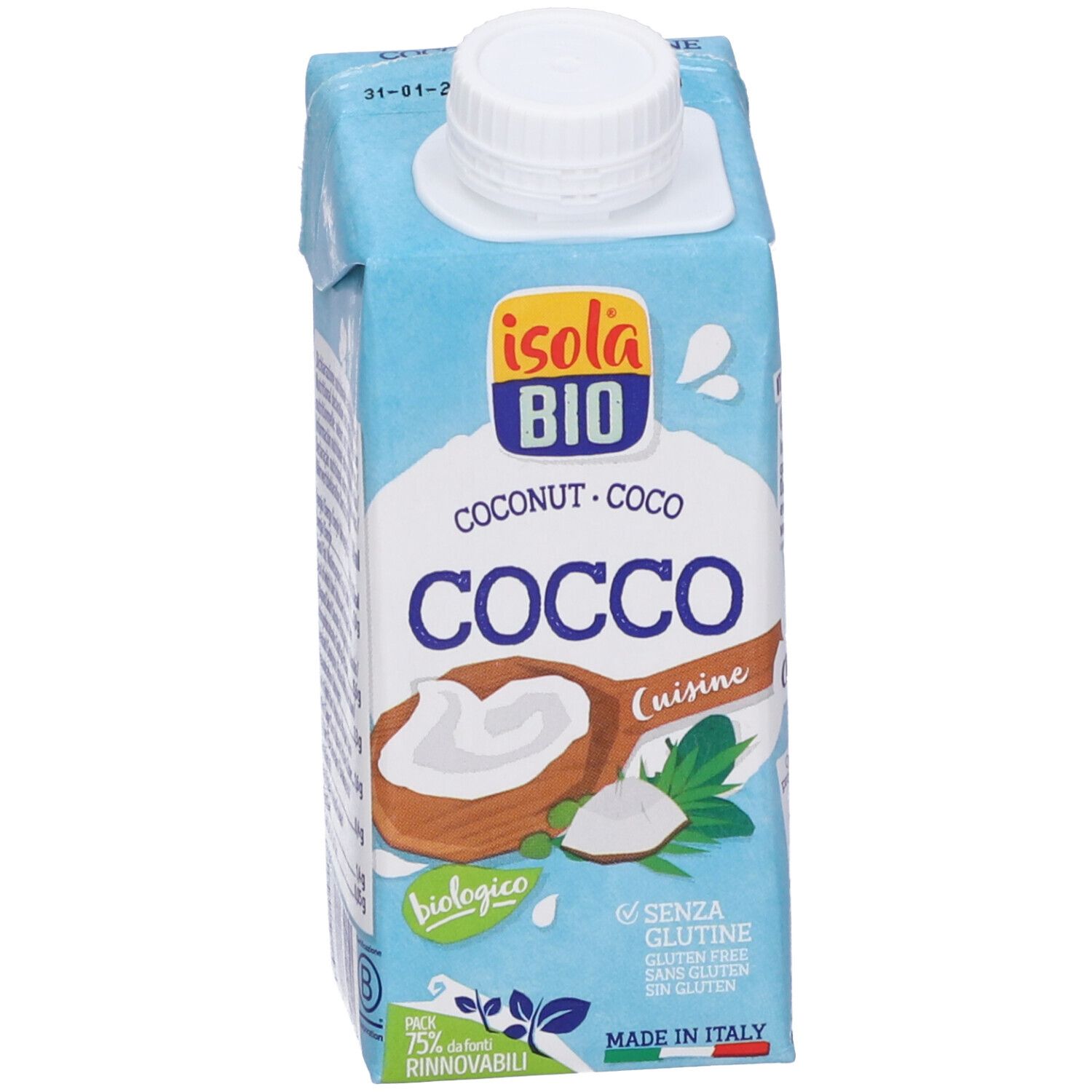 Confezione di crema di cocco. Marchio: Isola Bio. Scritta: Cocco, biologico, senza glutine. 200 ml.