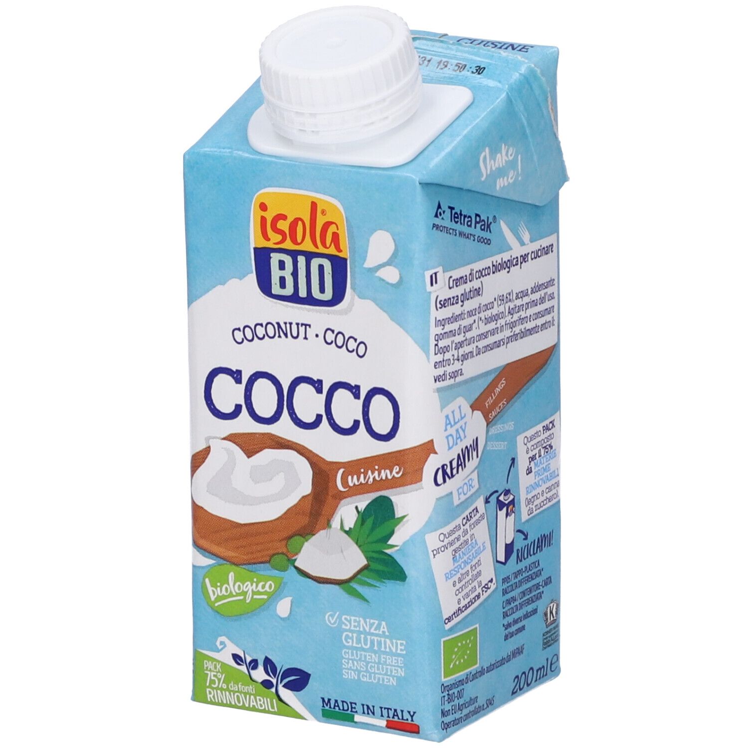 Confezione di crema di cocco. Marchio: Isola Bio. Scritta: Cocco, biologico, senza glutine. 200 ml.
