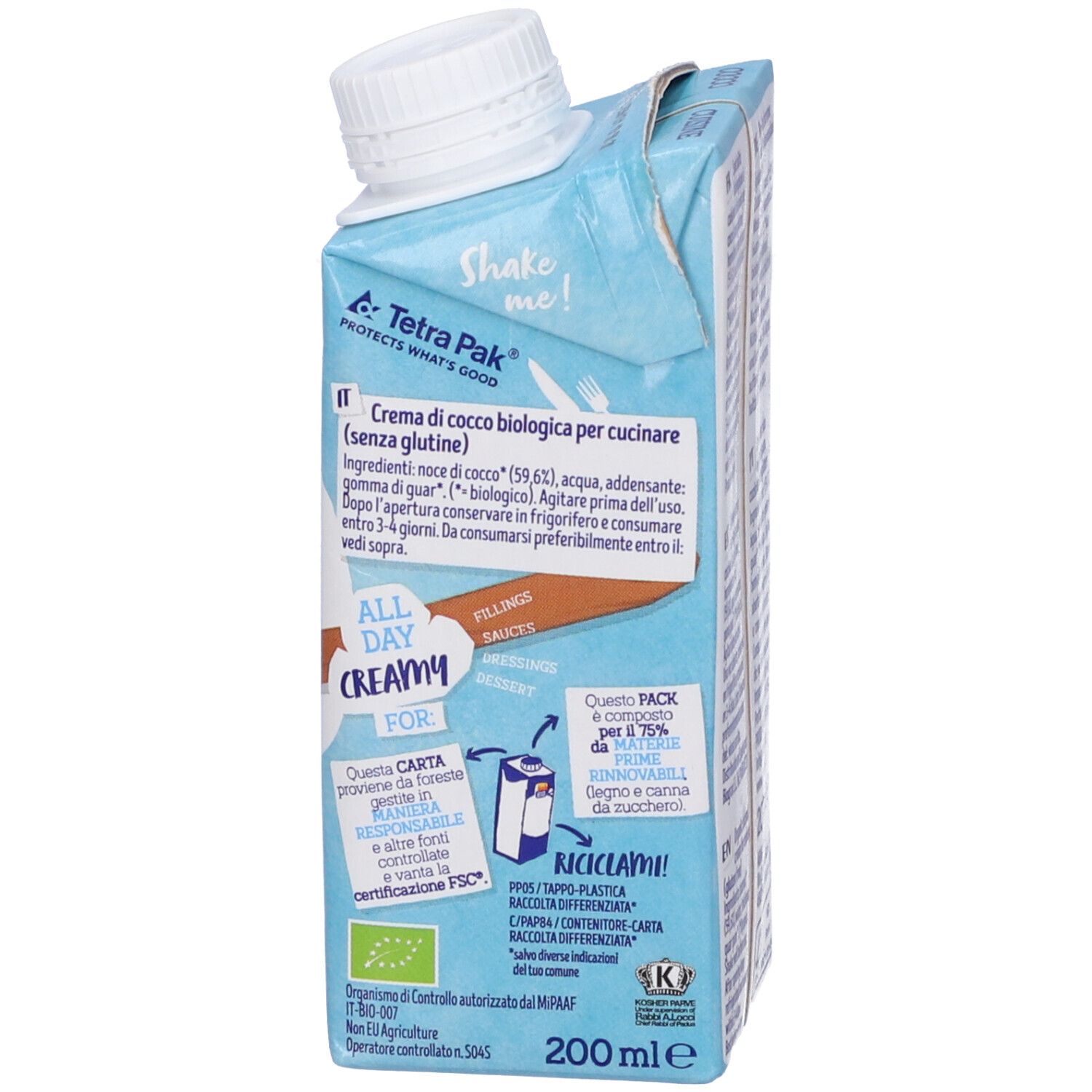Retro della confezione con ingredienti e informazioni sul riciclo. Scritta: Cocco, 200 ml.