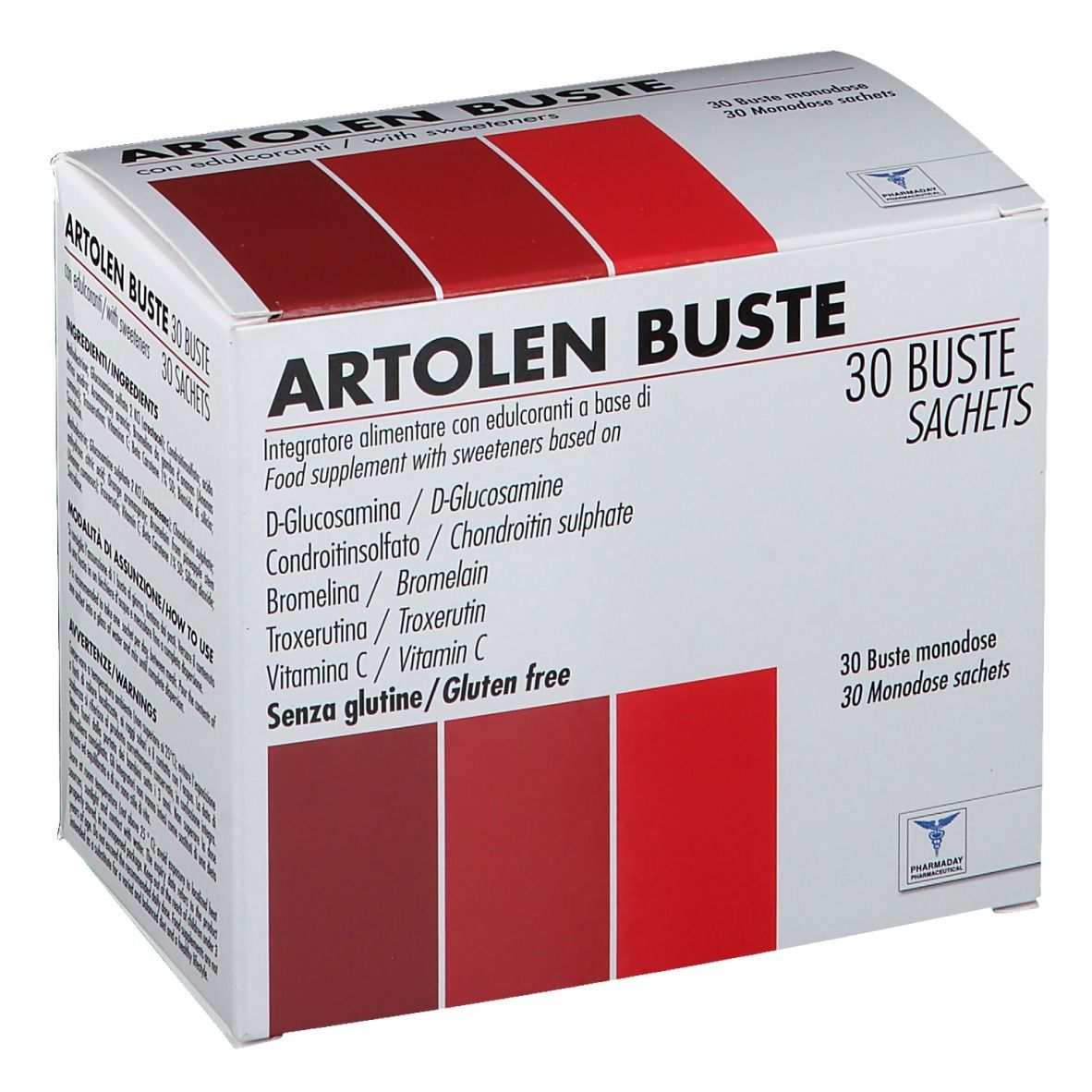 Scatola ARTOLEN BUSTE. 30 bustine. Ingredienti: D-Glucosamina, Condroitin solfato, Bromelina, Troxerutina, Vitamina C. Senza glutine.