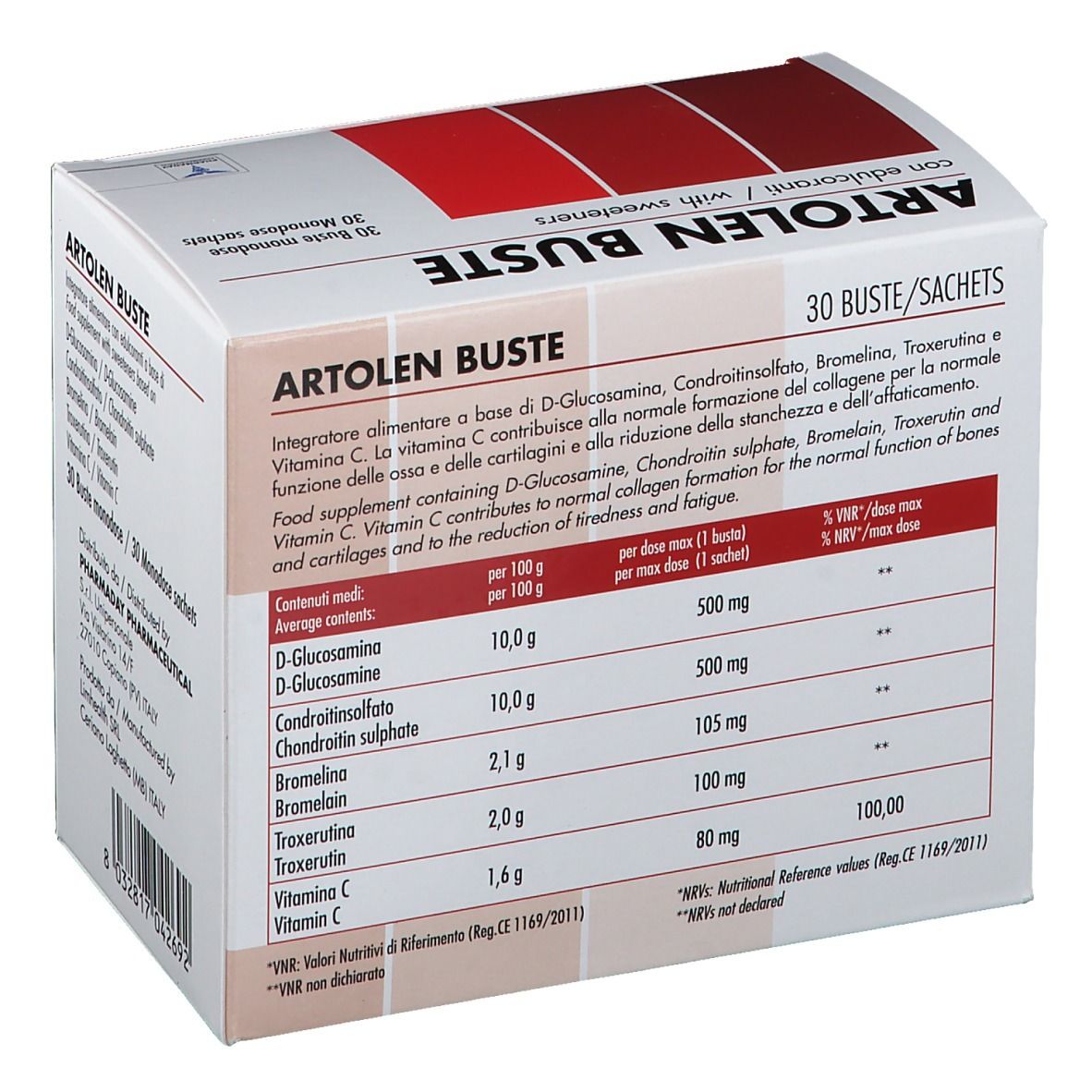 Scatola ARTOLEN BUSTE. Elenco ingredienti e tabella nutrizionale. Contiene D-Glucosamina, Condroitin solfato, Bromelina, Troxerutina, Vitamina C.