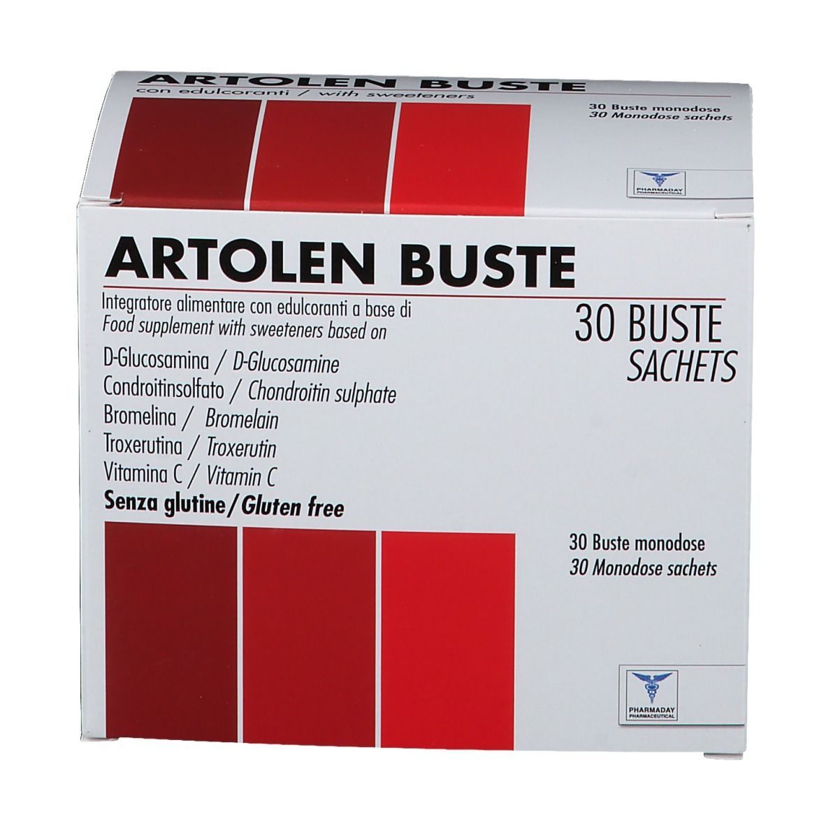 Scatola ARTOLEN BUSTE, 30 bustine. Ingredienti: D-Glucosamina, Condroitin solfato, Bromelina, Troxerutina, Vitamina C. Senza glutine.