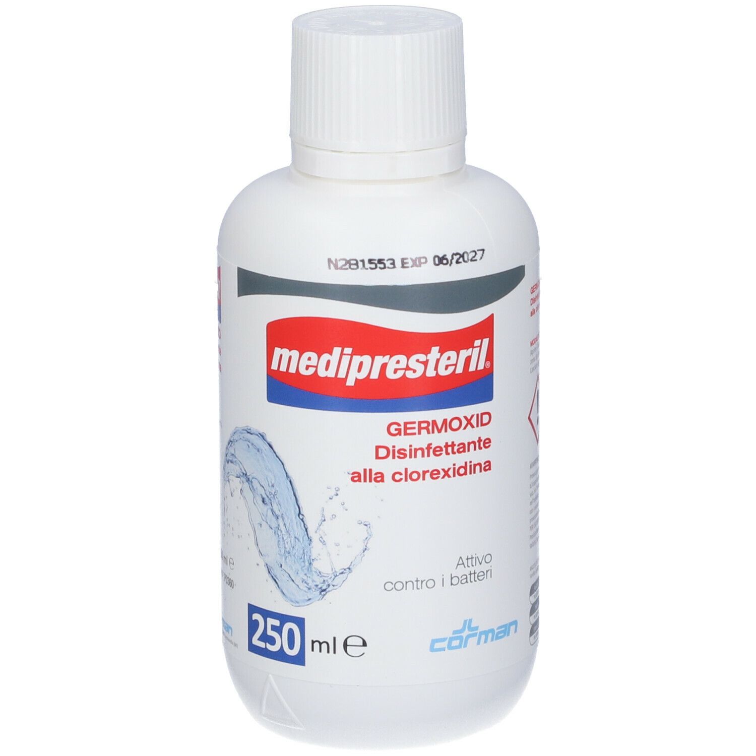 Flacone bianco con etichetta blu e rossa. Scritta: medipresteril, Germoxid, Disinfettante alla clorexidina. 250 ml.