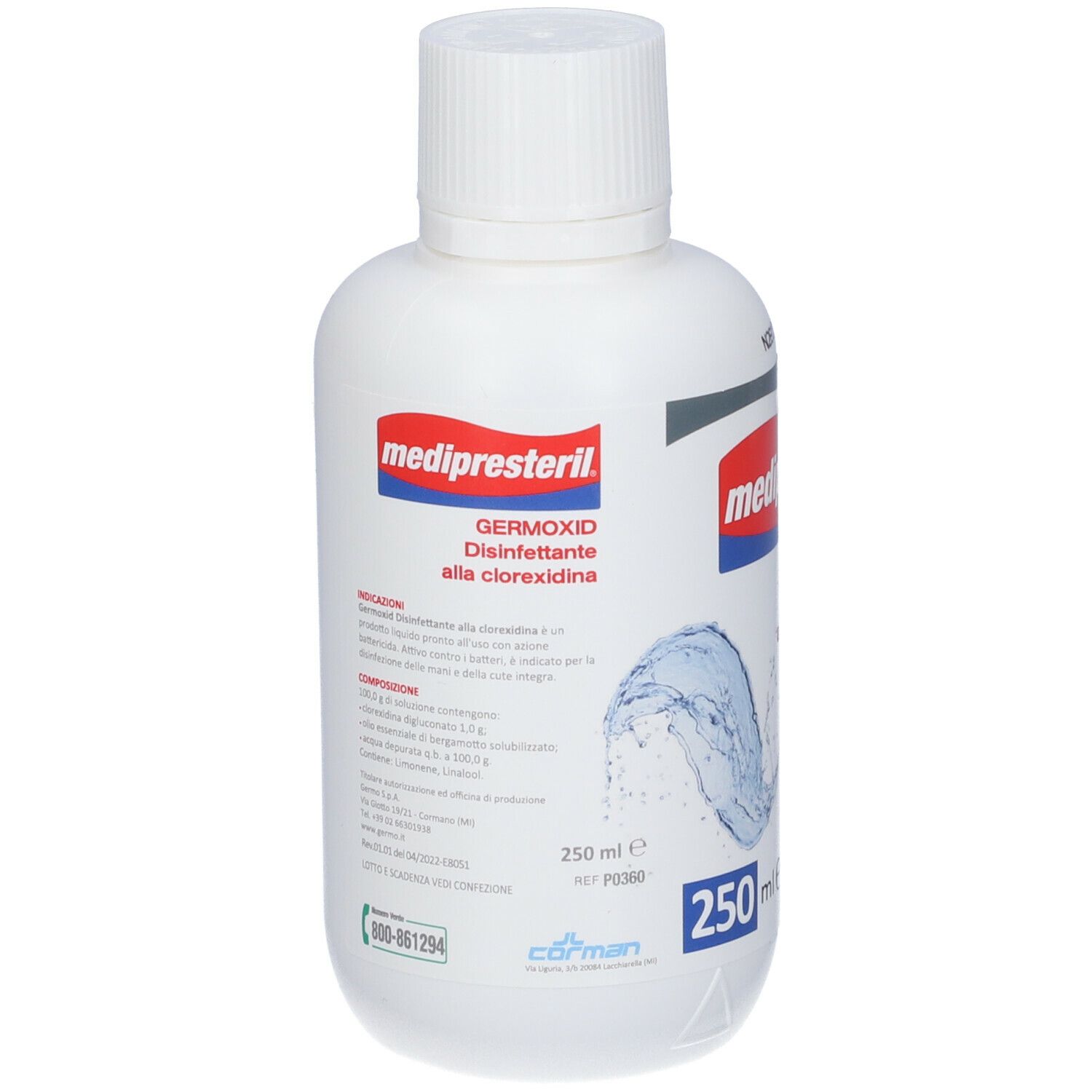 Flacone bianco con etichetta blu e rossa. Scritta: medipresteril, Germoxid, Disinfettante alla clorexidina. 250 ml. Testo sul retro.