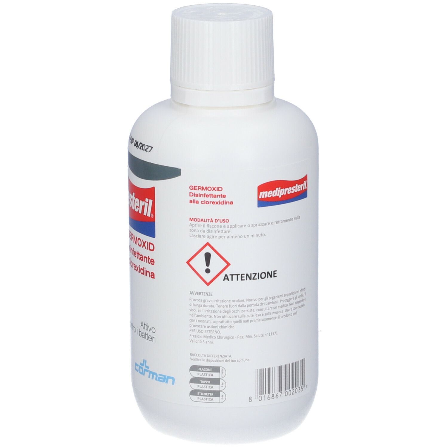 Flacone bianco, retro. Scritta: medipresteril, Germoxid. Avvertenza. Etichetta con informazioni.