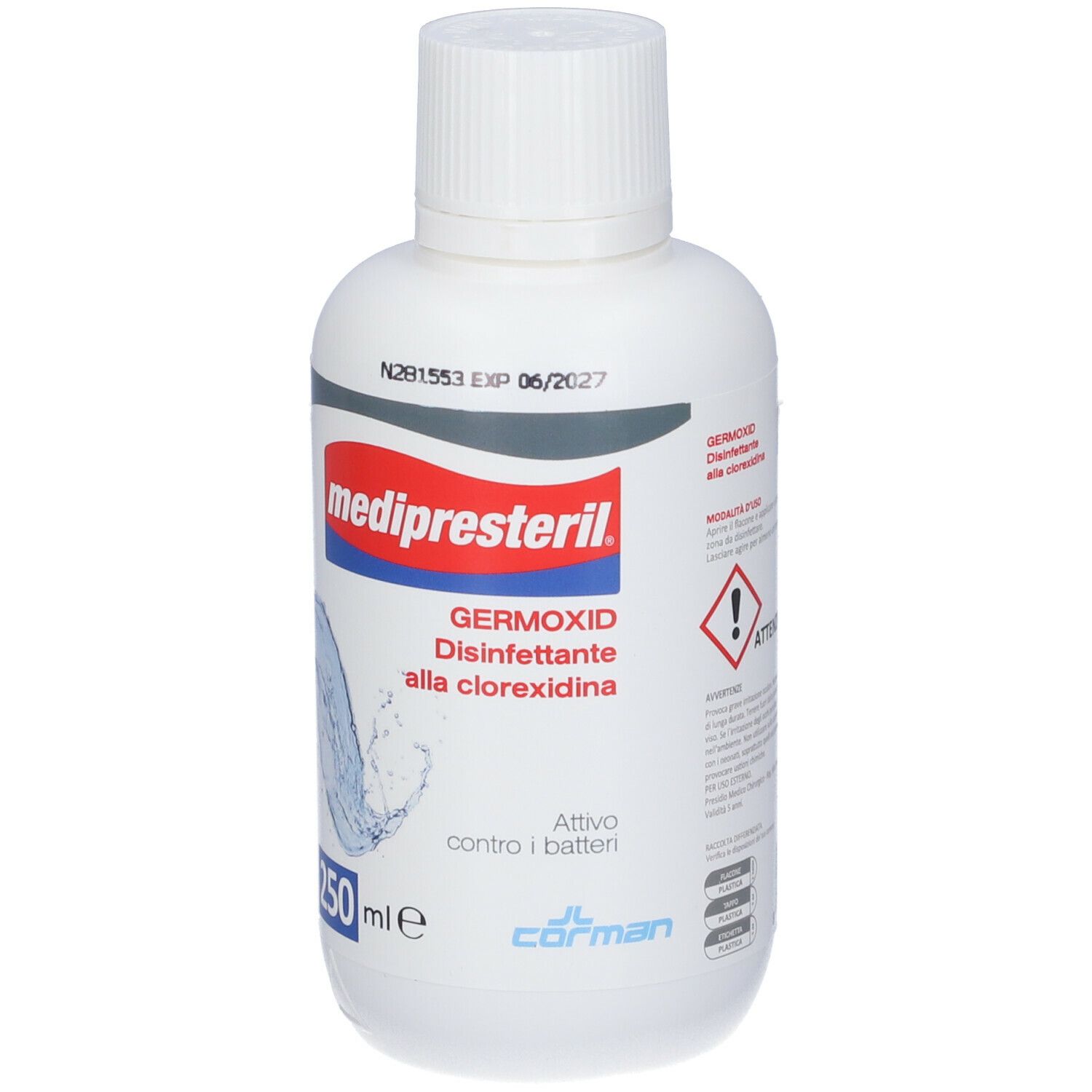 Flacone bianco con etichetta blu e rossa. Scritta: medipresteril, Germoxid, Disinfettante alla clorexidina. 250 ml.