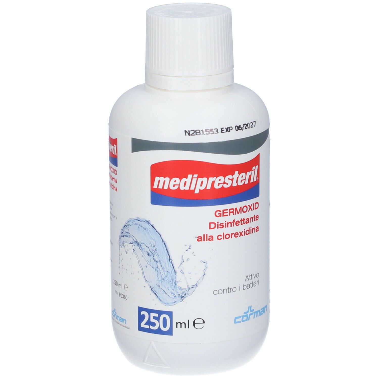 Flacone bianco con etichetta blu e rossa. Scritta: medipresteril, Germoxid, Disinfettante alla clorexidina. 250 ml.