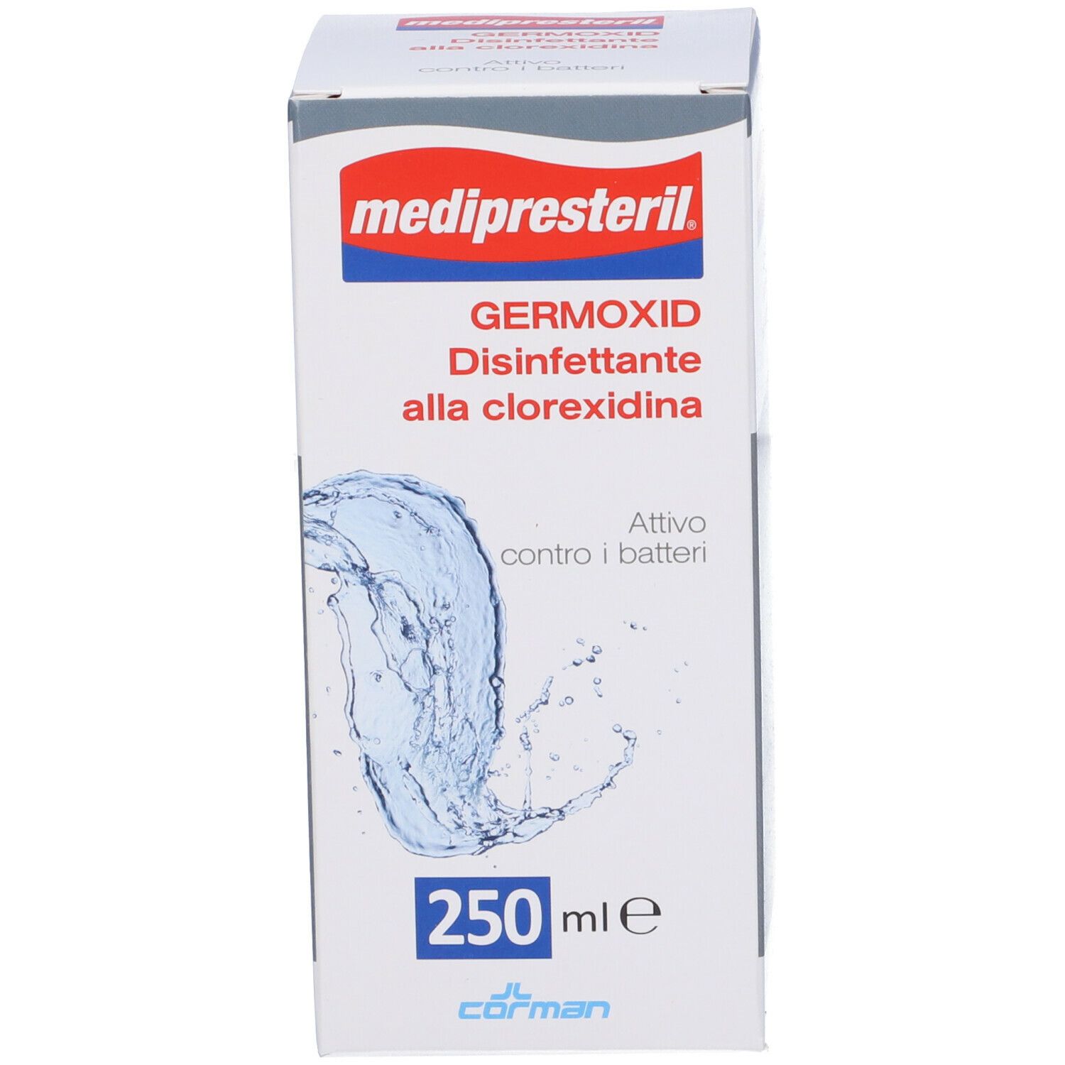 Confezione del prodotto. Scritta: medipresteril, Germoxid, Disinfettante alla clorexidina. 250 ml.