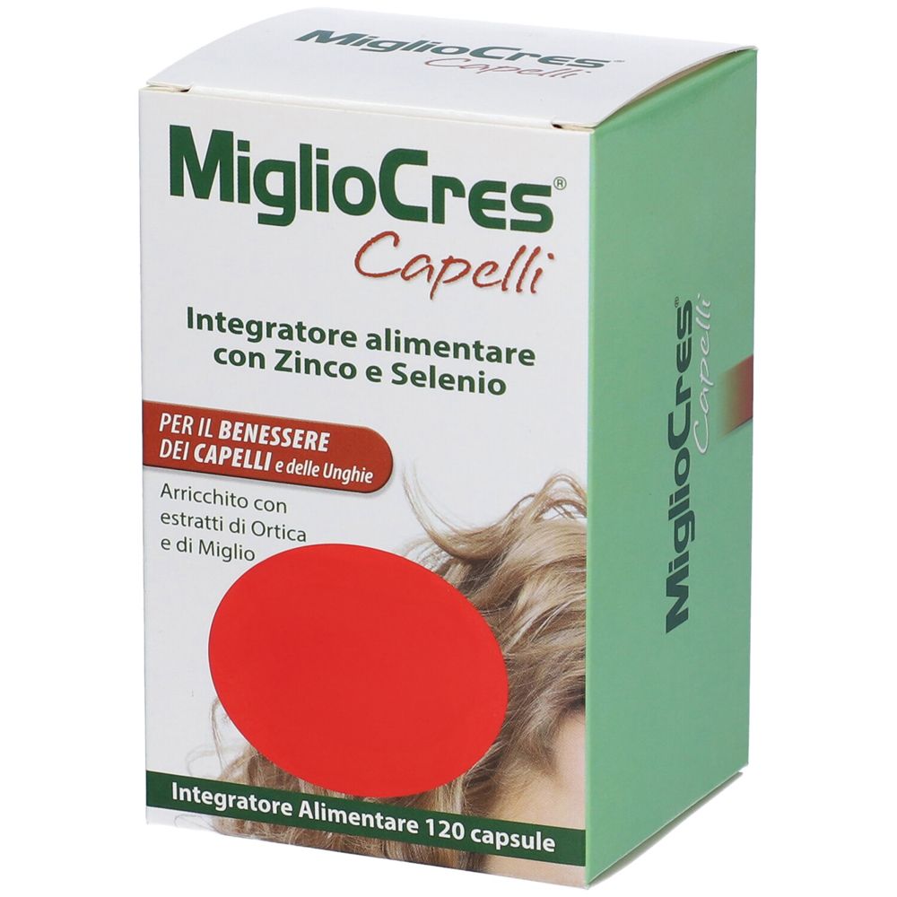 Verpackung von MiglioCres Capelli. Enthält Zink und Selen. Für Haare und Nägel. Mit Extrakten aus Brennnessel und Hirse.