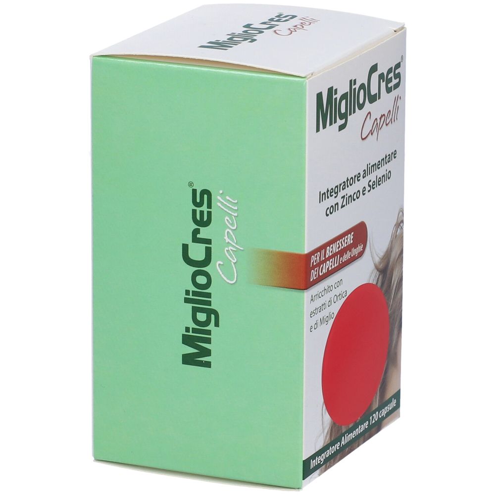 Verpackung von MiglioCres Capelli. Enthält Zink und Selen. Für Haare und Nägel. Mit Extrakten aus Brennnessel und Hirse.