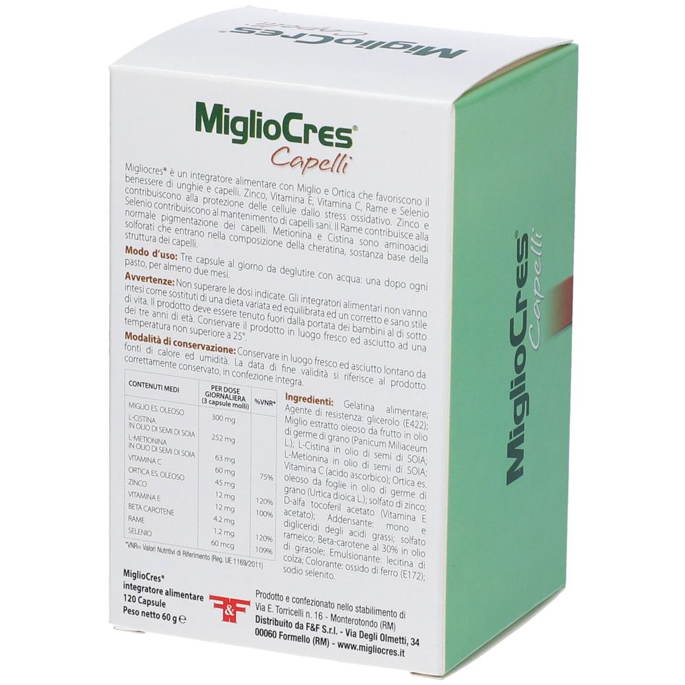 Rückseite der MiglioCres Capelli-Verpackung. Enthält Informationen zu Inhaltsstoffen und Anwendung. Mit Inhaltsstofftabelle.