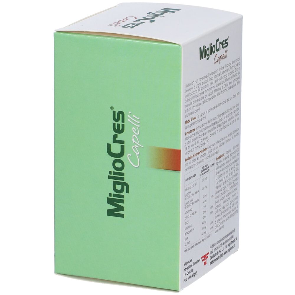 Rückseite der MiglioCres Capelli-Verpackung. Enthält Informationen zu Inhaltsstoffen und Anwendung. Mit Inhaltsstofftabelle.