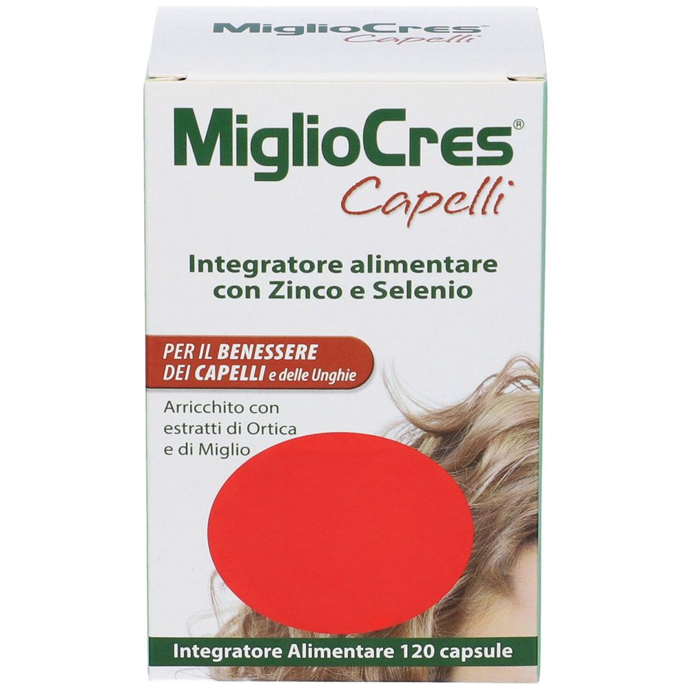 Verpackung von MiglioCres Capelli. Enthält Zink und Selen. Für Haare und Nägel. Mit Extrakten aus Brennnessel und Hirse.