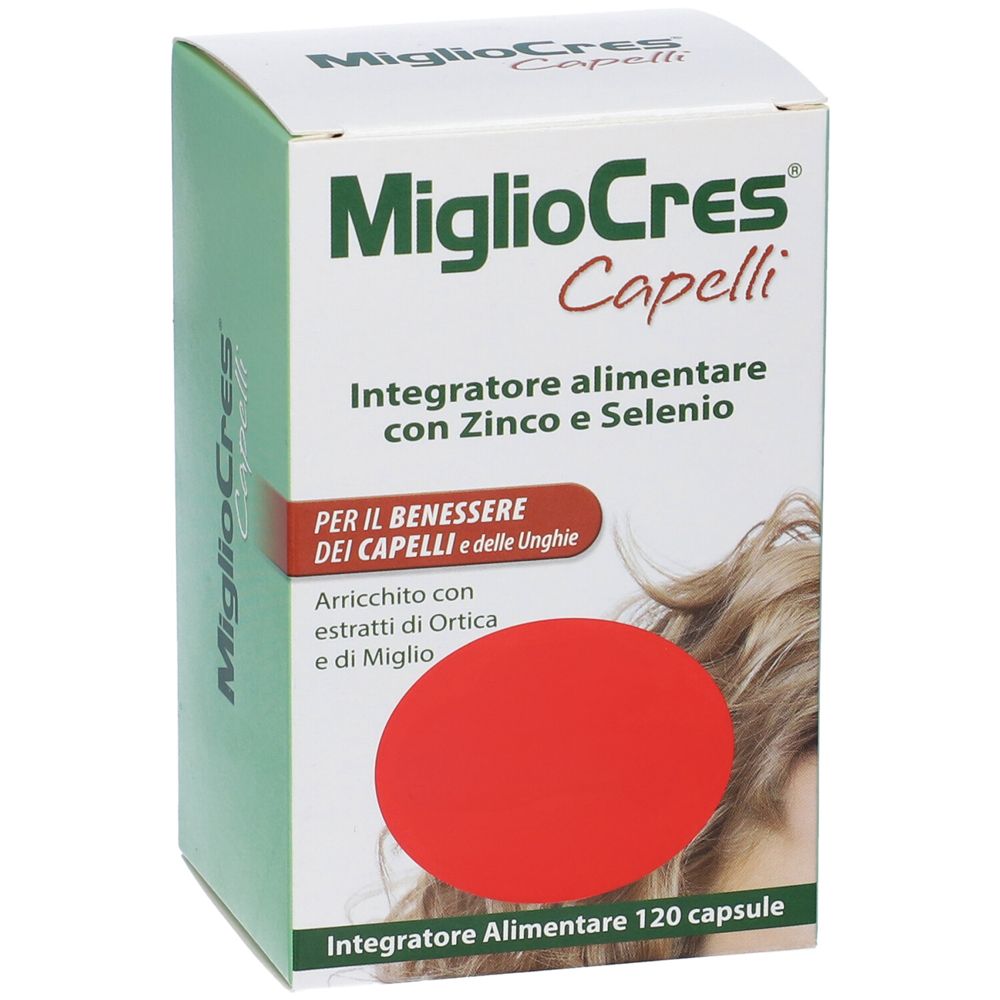 Verpackung von MiglioCres Capelli. Enthält Zink und Selen. Für Haare und Nägel. Mit Extrakten aus Brennnessel und Hirse.