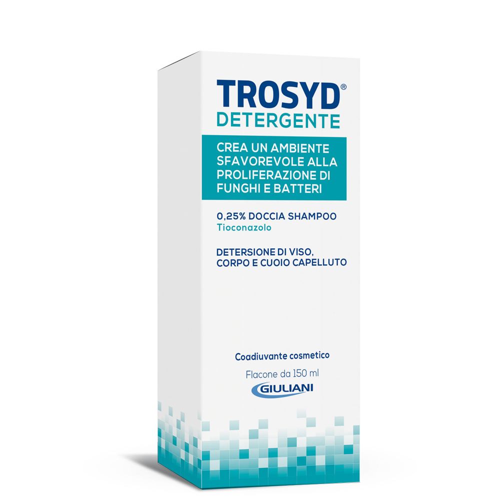 Weiße Verpackung mit blauer Schrift. Enthält Trosyd Detergente. Text: 0,25% Doccia Shampoo, Giuliani.