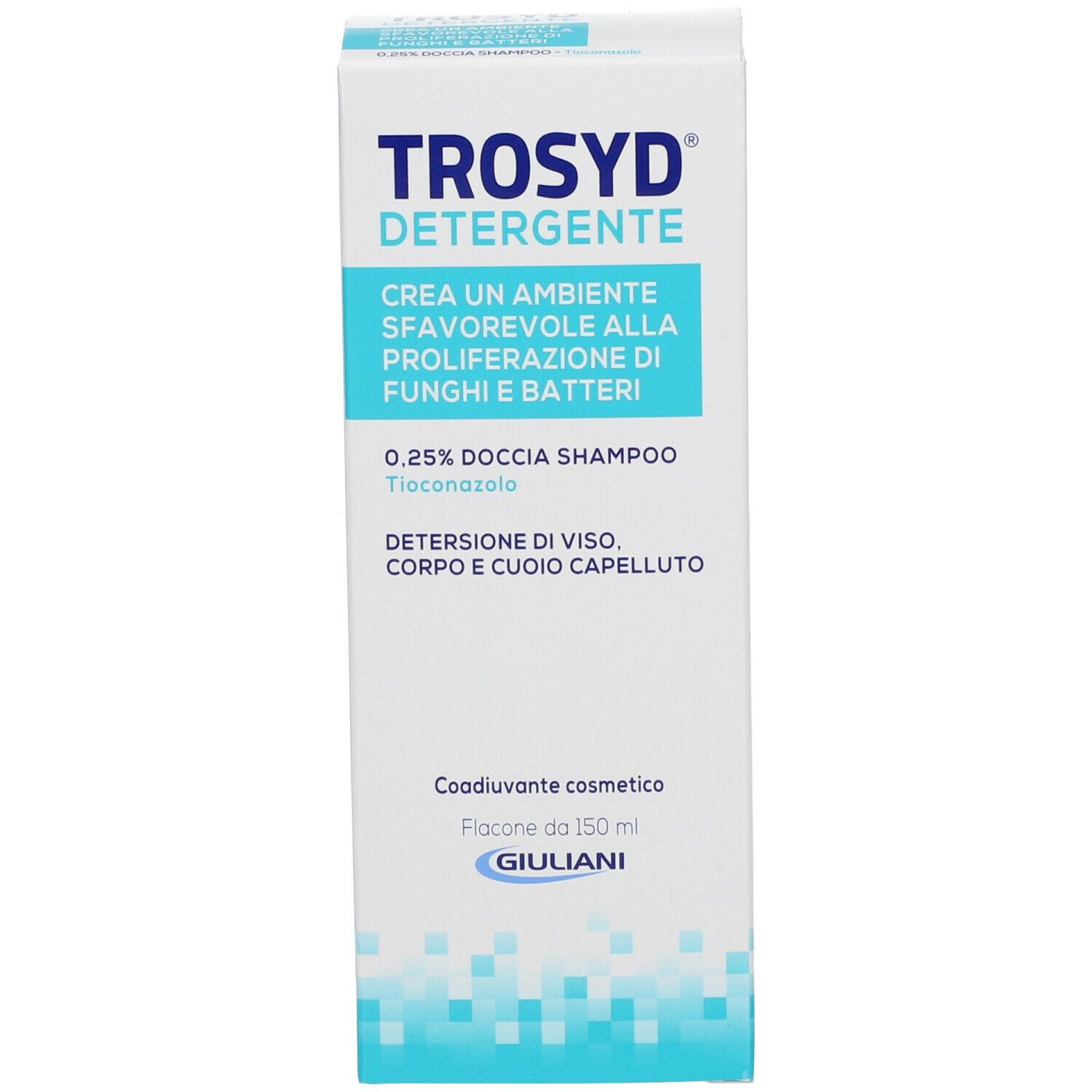 Weiße Verpackung mit blauer Schrift. Enthält Trosyd Detergente. Text: 0,25% Doccia Shampoo, Giuliani.