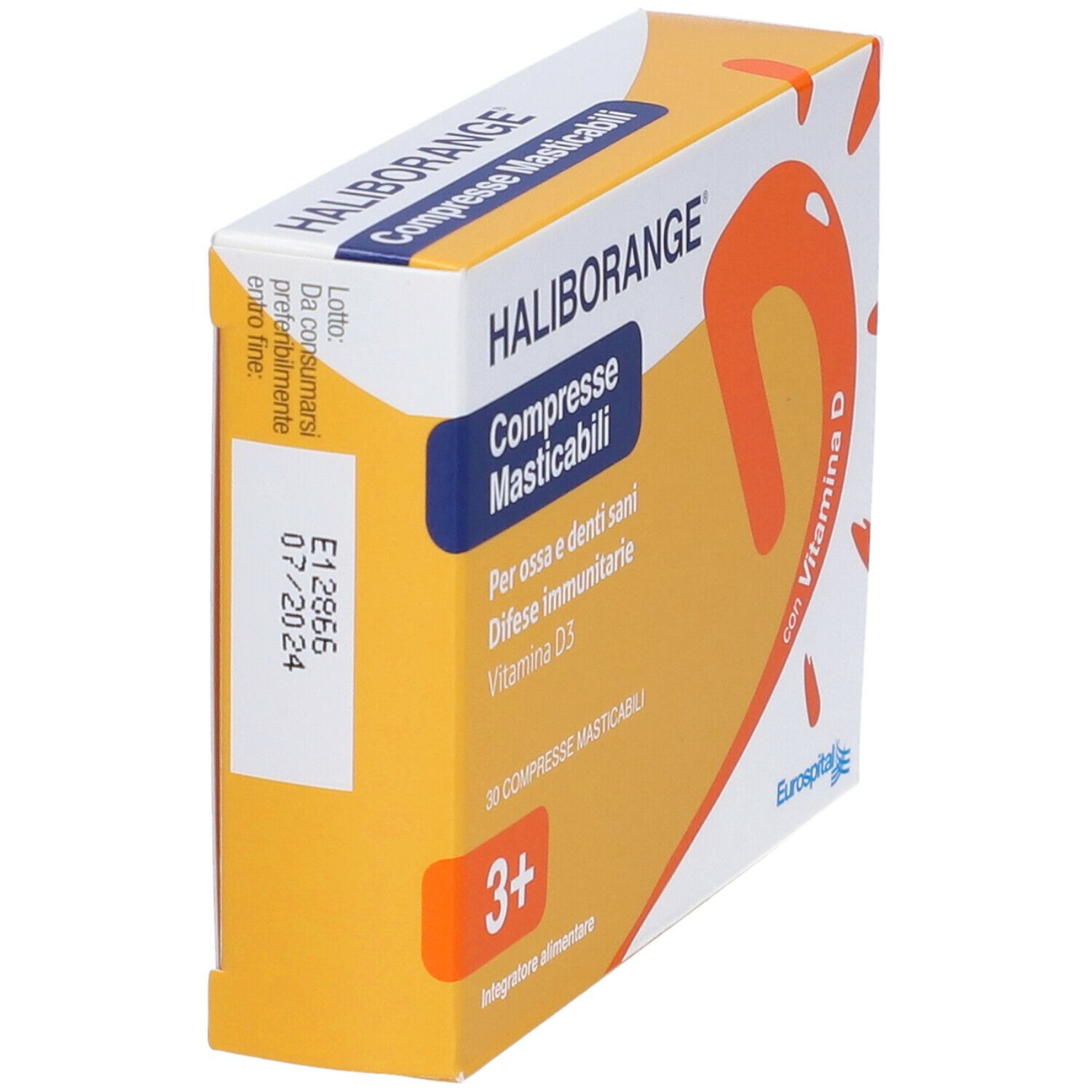 Haliborange® Packung mit 30 Kautabletten. Orangefarbene Verpackung mit Produktnamen und Vitamin D3-Hinweis.