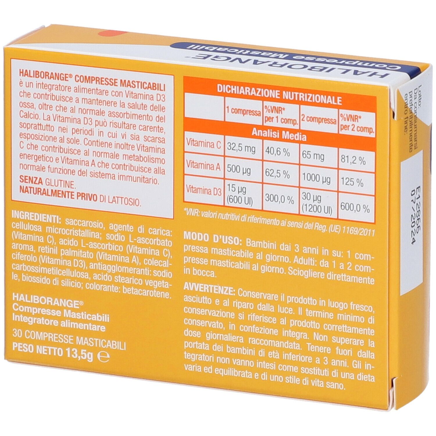 Haliborange® Packung mit 30 Kautabletten. Rückseite mit Inhaltsstoffen und Nährwertangaben. Text in italienischer Sprache.
