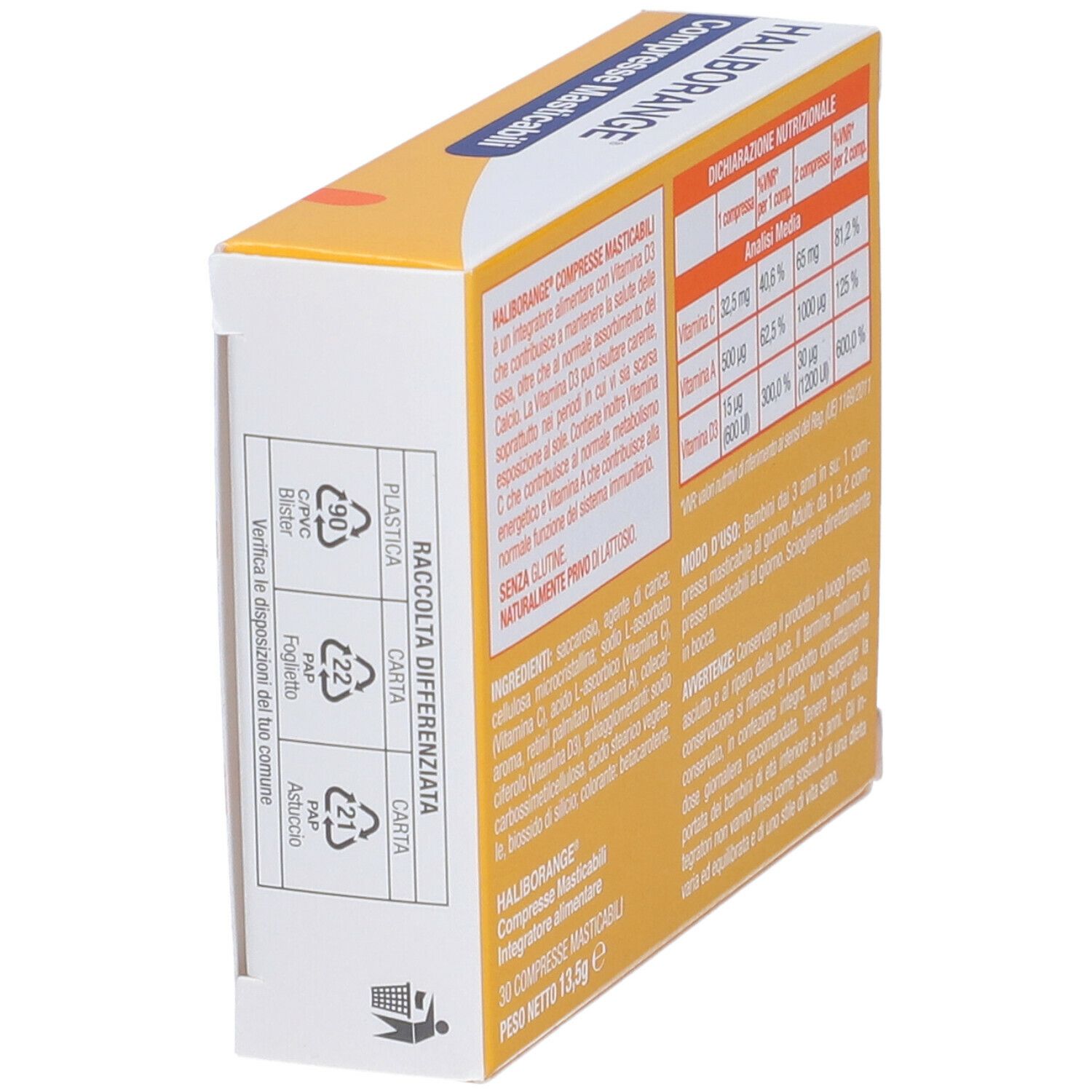 Haliborange® Packung mit 30 Kautabletten. Seitenansicht mit Recycling-Symbolen und Text in italienischer Sprache.