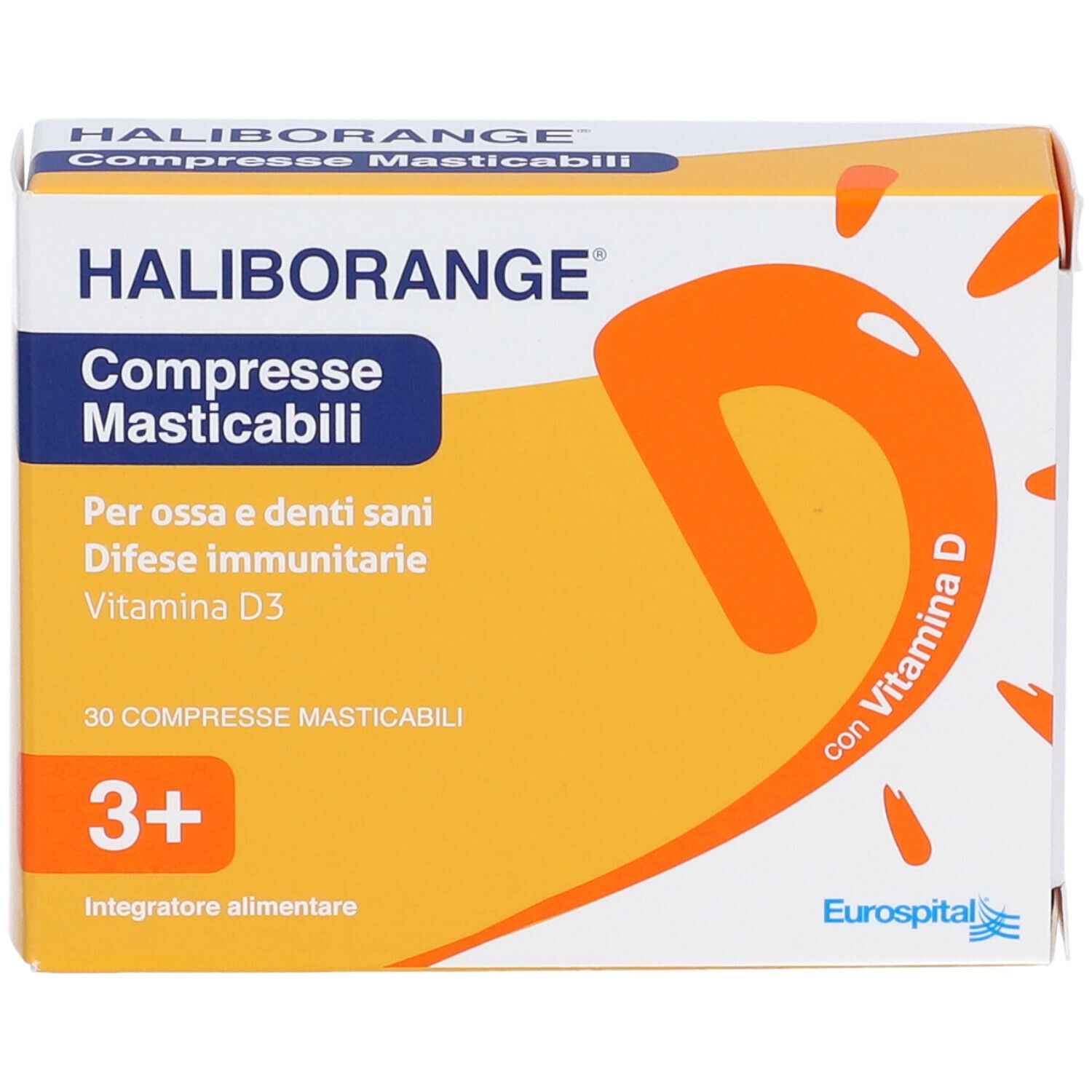 Haliborange® Packung mit 30 Kautabletten. Orangefarbene Verpackung mit Produktnamen und Vitamin D3-Hinweis.