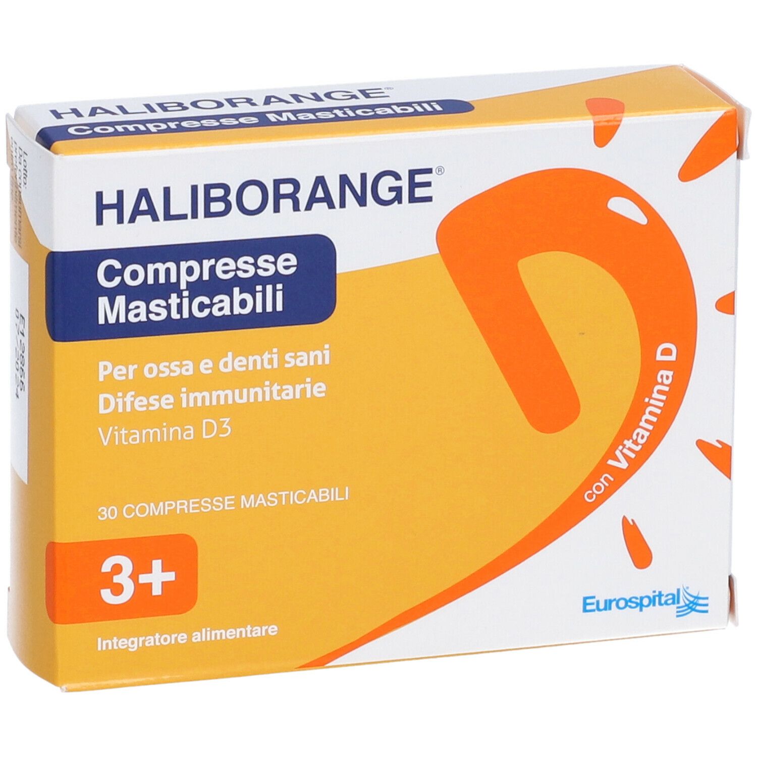 Haliborange® Packung mit 30 Kautabletten. Orangefarbene Verpackung mit Produktnamen und Vitamin D3-Hinweis.