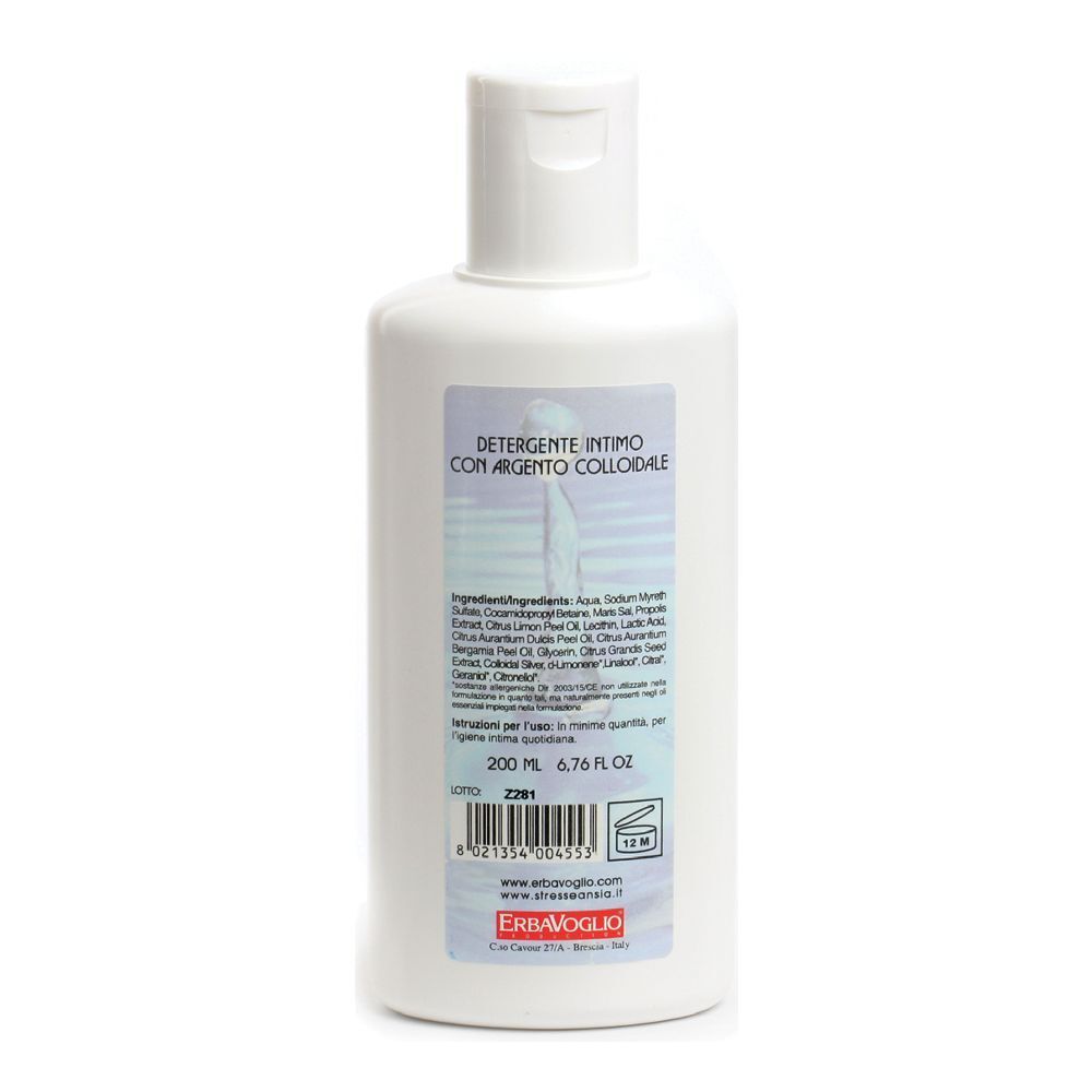 Flacone bianco con etichetta. Scritta: Detergente Intimo con Argento Colloidale. Ingredienti e logo.