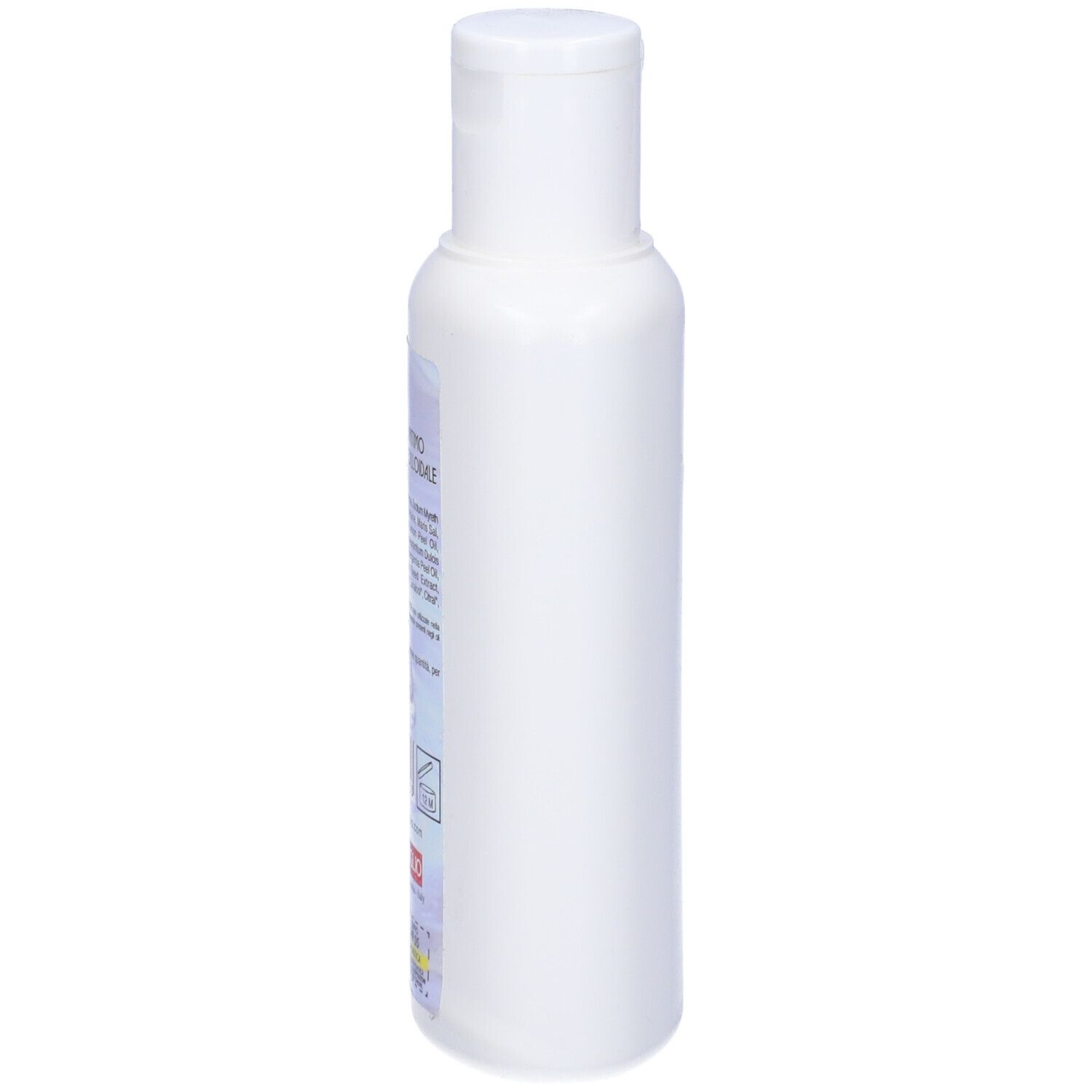 Flacone bianco, vista laterale. Etichetta con informazioni prodotto. Tappo bianco.