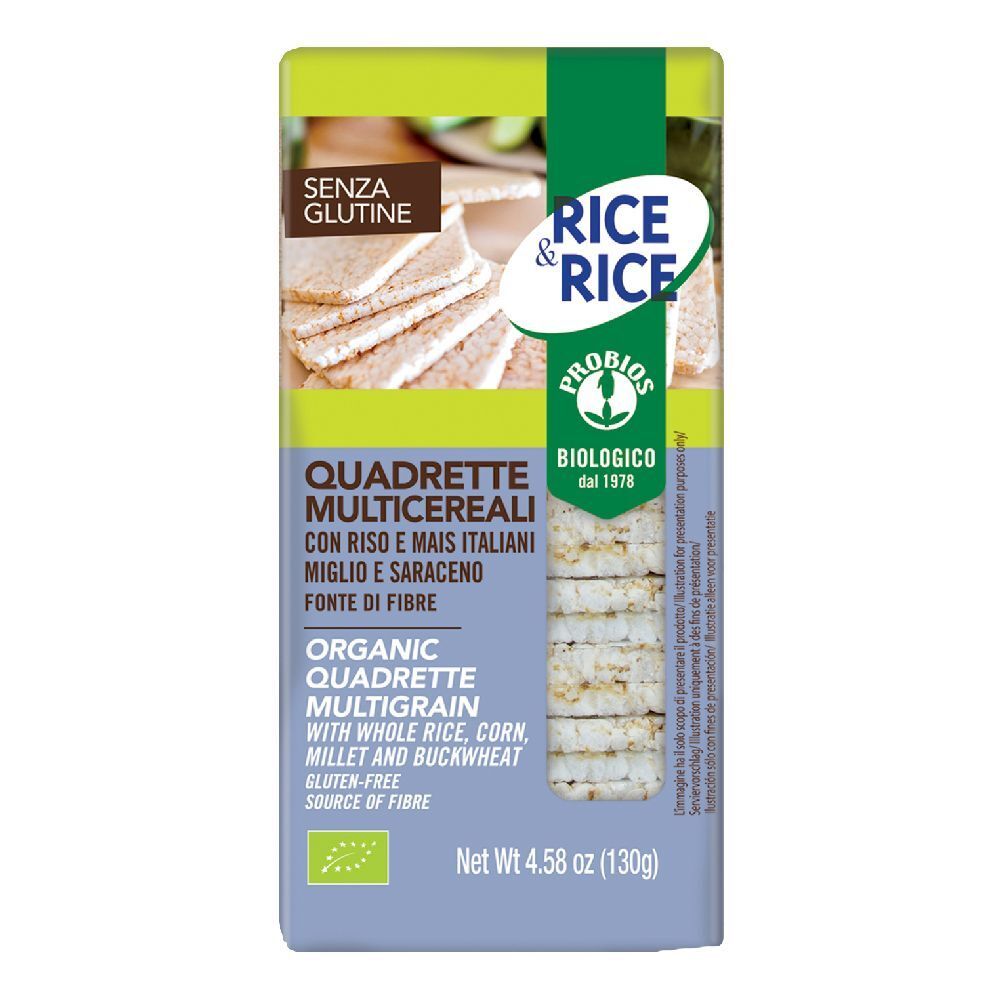 Confezione di quadrette multicereali. Scritta: senza glutine, biologico. Contiene riso, mais, miglio e grano saraceno.