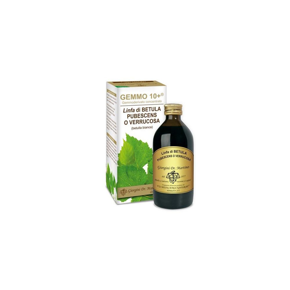 Braune Glasflasche mit goldfarbenem Etikett und Karton. Auf dem Etikett steht 'Linfa di Betula' und 'GEMMO 10+'.