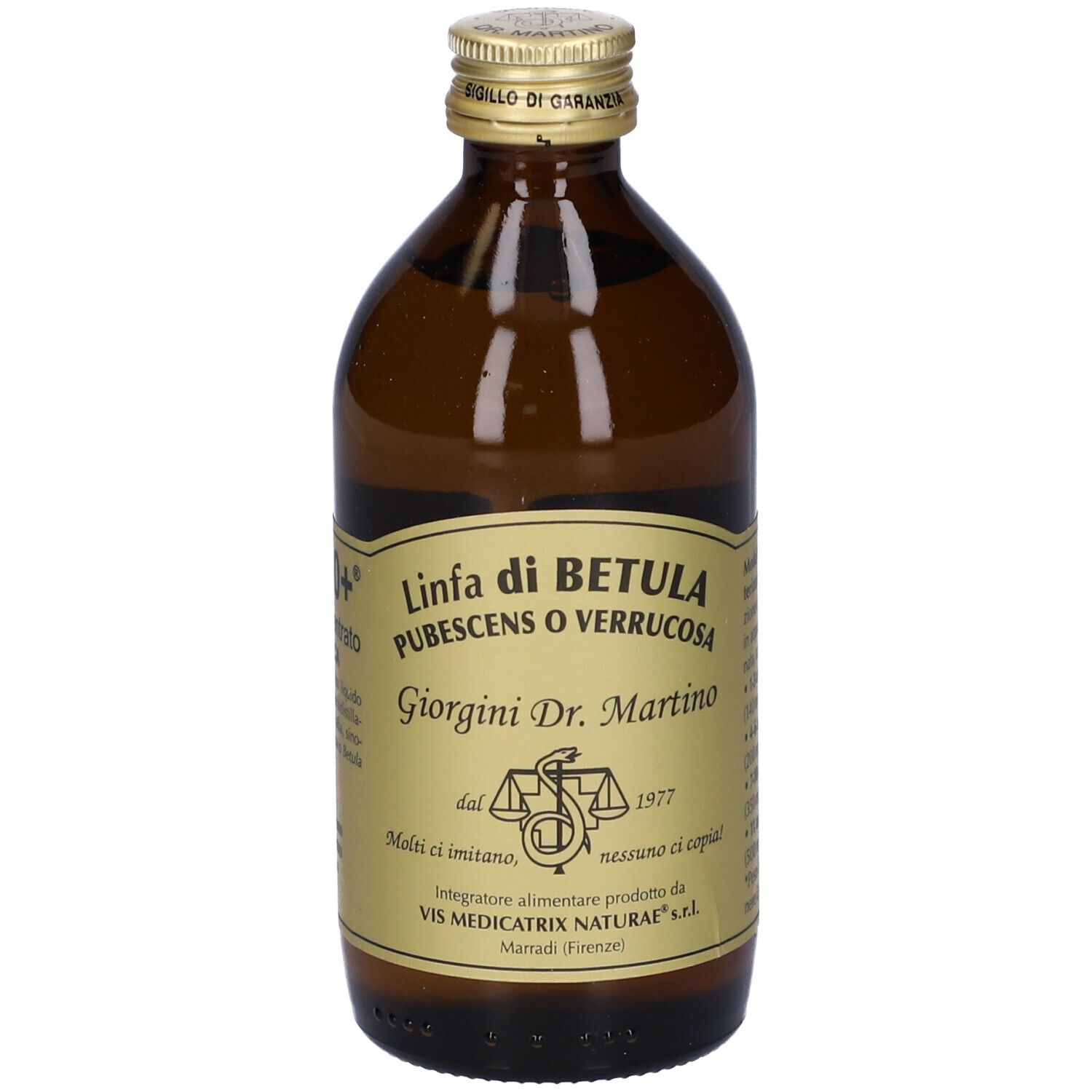 Braune Glasflasche mit goldfarbenem Etikett. Auf dem Etikett steht 'Linfa di Betula' und 'Giorgini Dr. Martino'.