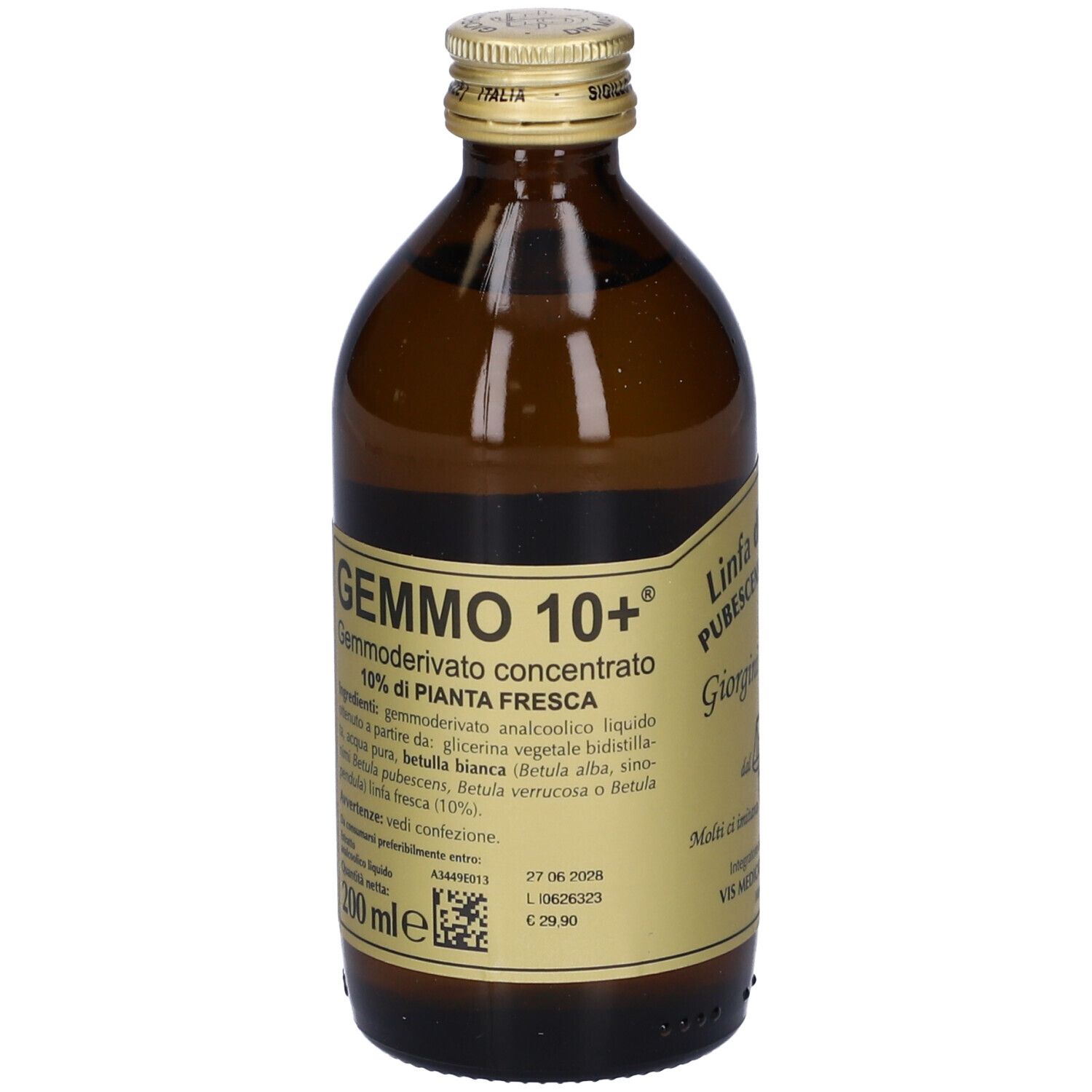 Braune Glasflasche mit goldfarbenem Etikett. Auf dem Etikett steht 'GEMMO 10+' und 'Linfa di Betula'.