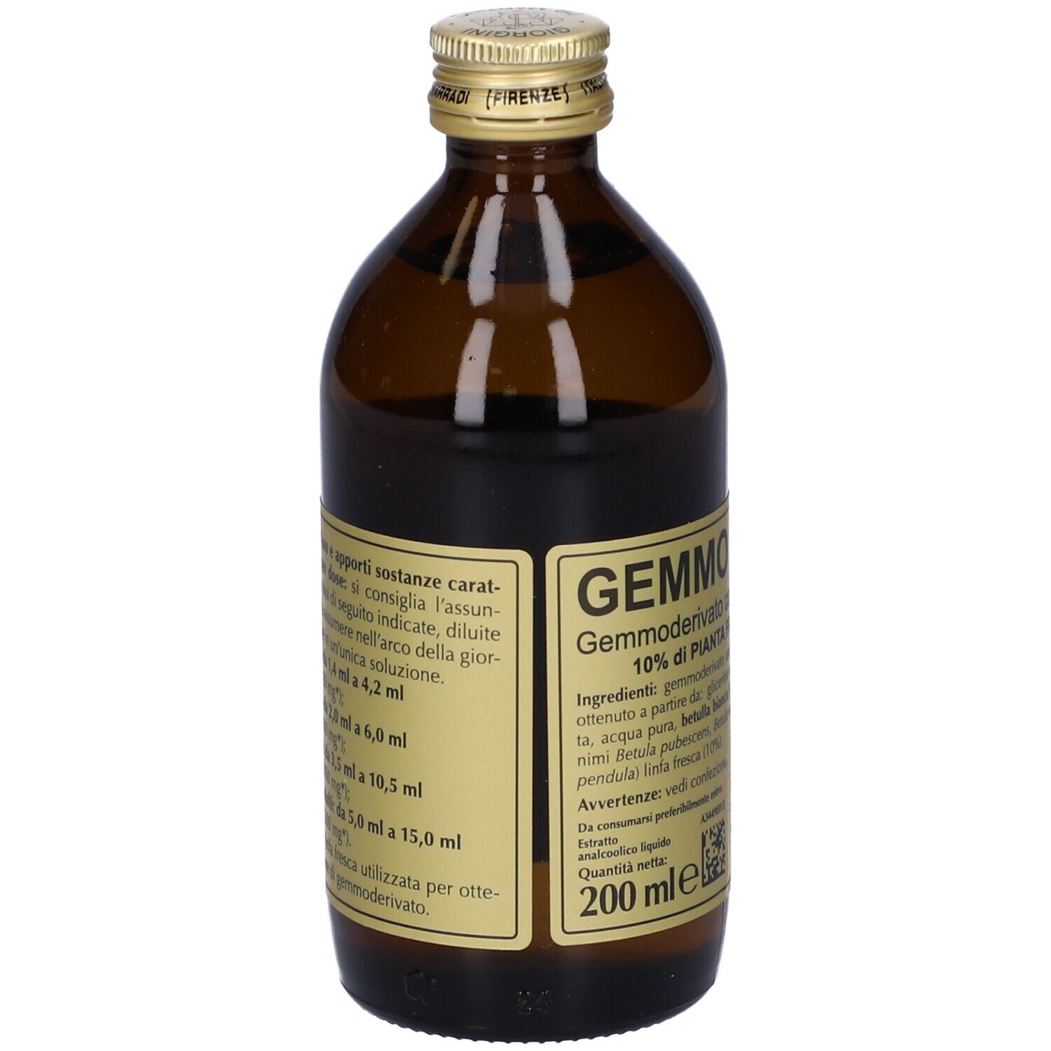 Braune Glasflasche mit goldfarbenem Etikett. Auf dem Etikett steht 'GEMMO 10+' und '200 ml'.
