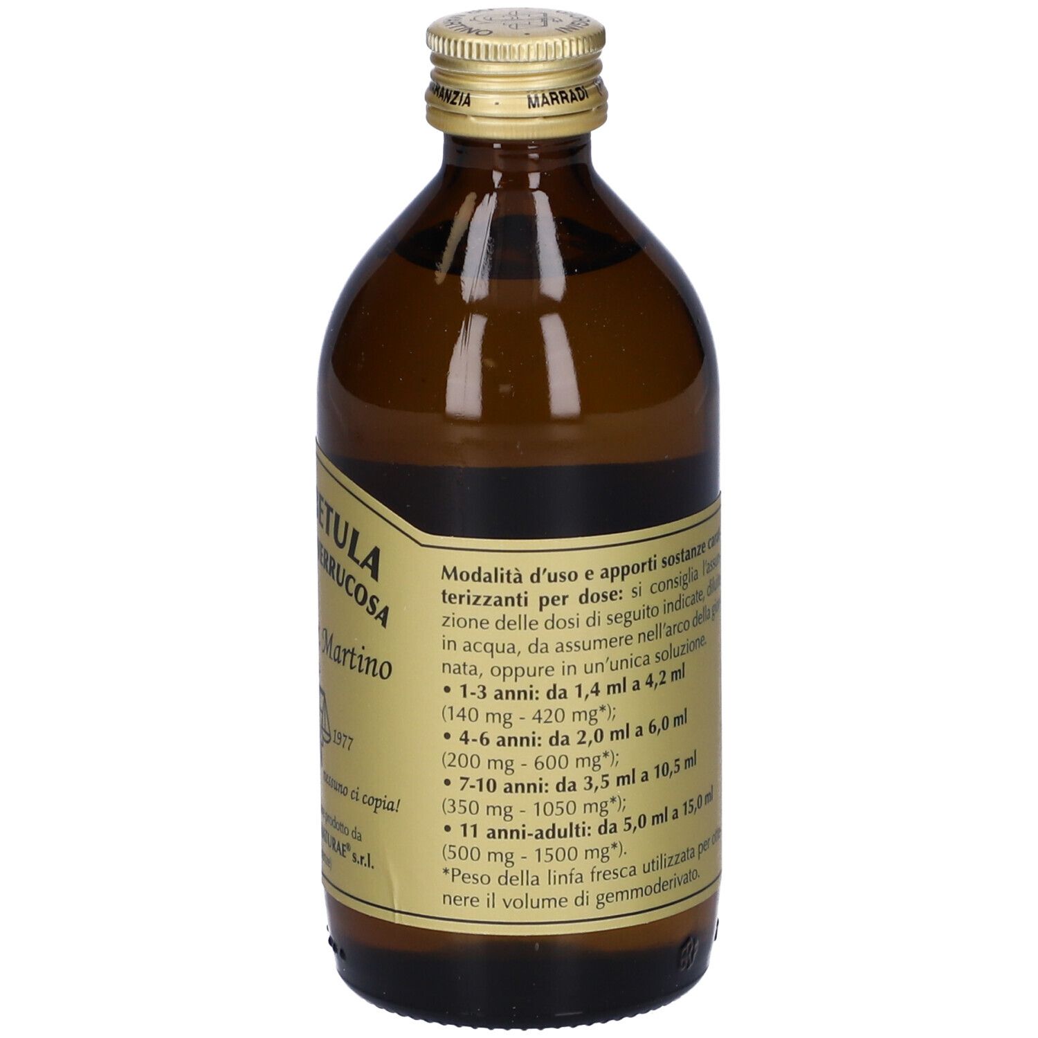 Braune Glasflasche mit goldfarbenem Etikett. Auf dem Etikett steht 'Linfa di Betula' und Dosierungsangaben.